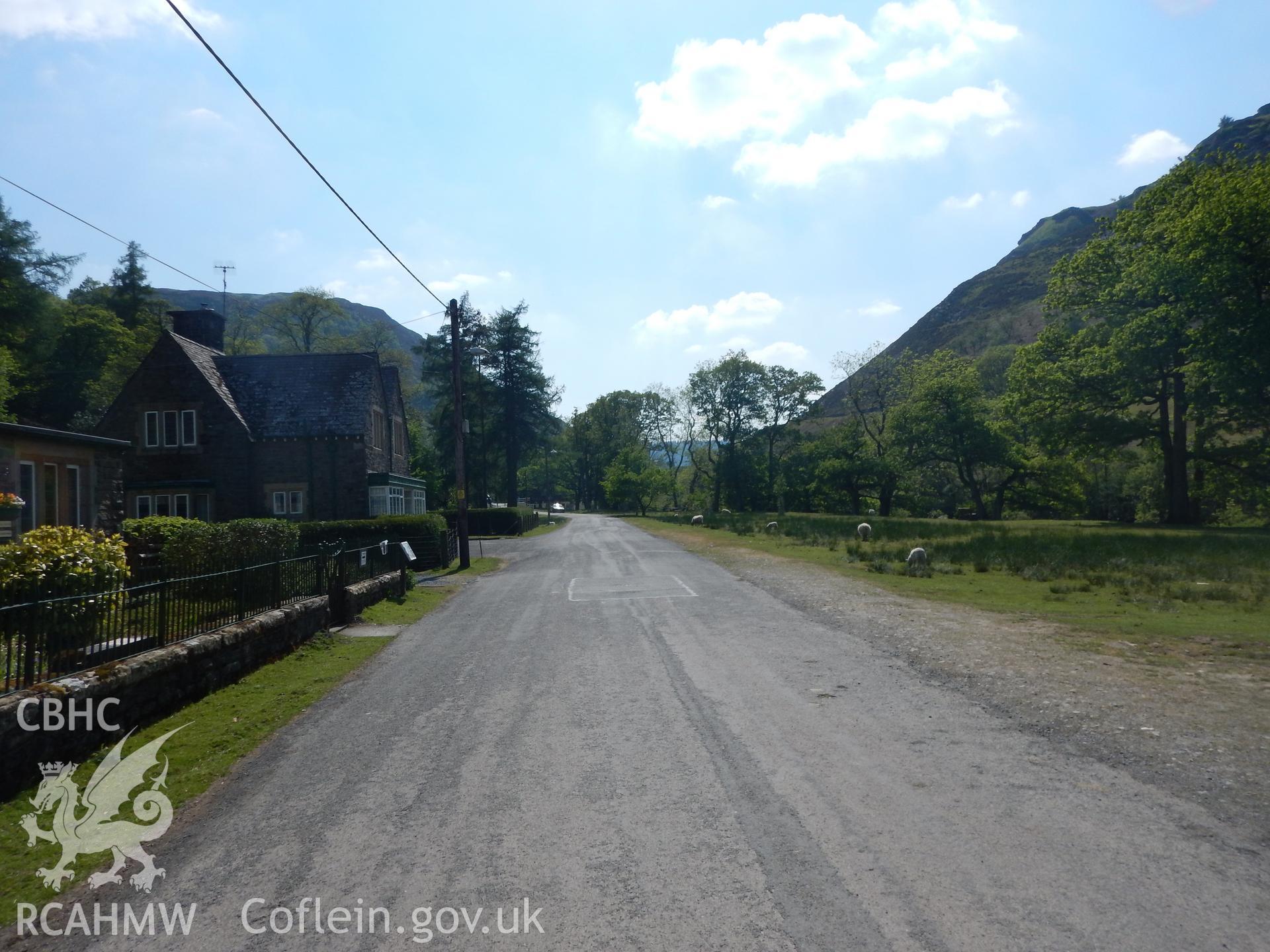 View from Elan Village towards cable route, looking south-west. Photographed as part of Archaeological Desk Based Assessment of Afon Claerwen, Elan Valley, Rhayader. Assessment conducted by Archaeology Wales in 2018. Report no. 1681. Project no. 2573.