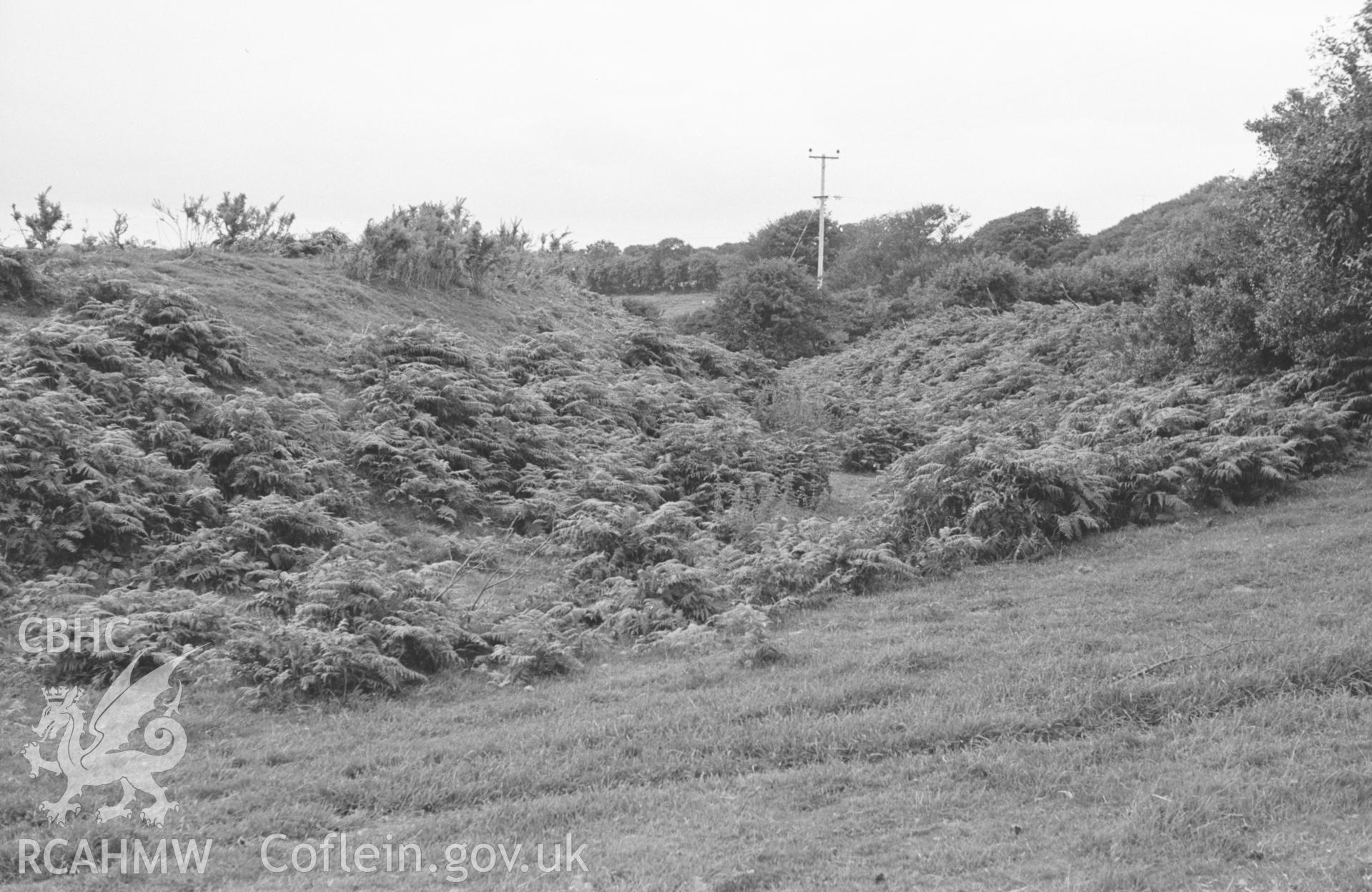 Digital copy of black & white negative showing view looking along outside of southern rampart of Castell Blaen-Igau, near Brynhoffnant, from south eastern corner. Photograph by Arthur O. Chater, August 1963, from Grid Ref SN34135058, looking east.