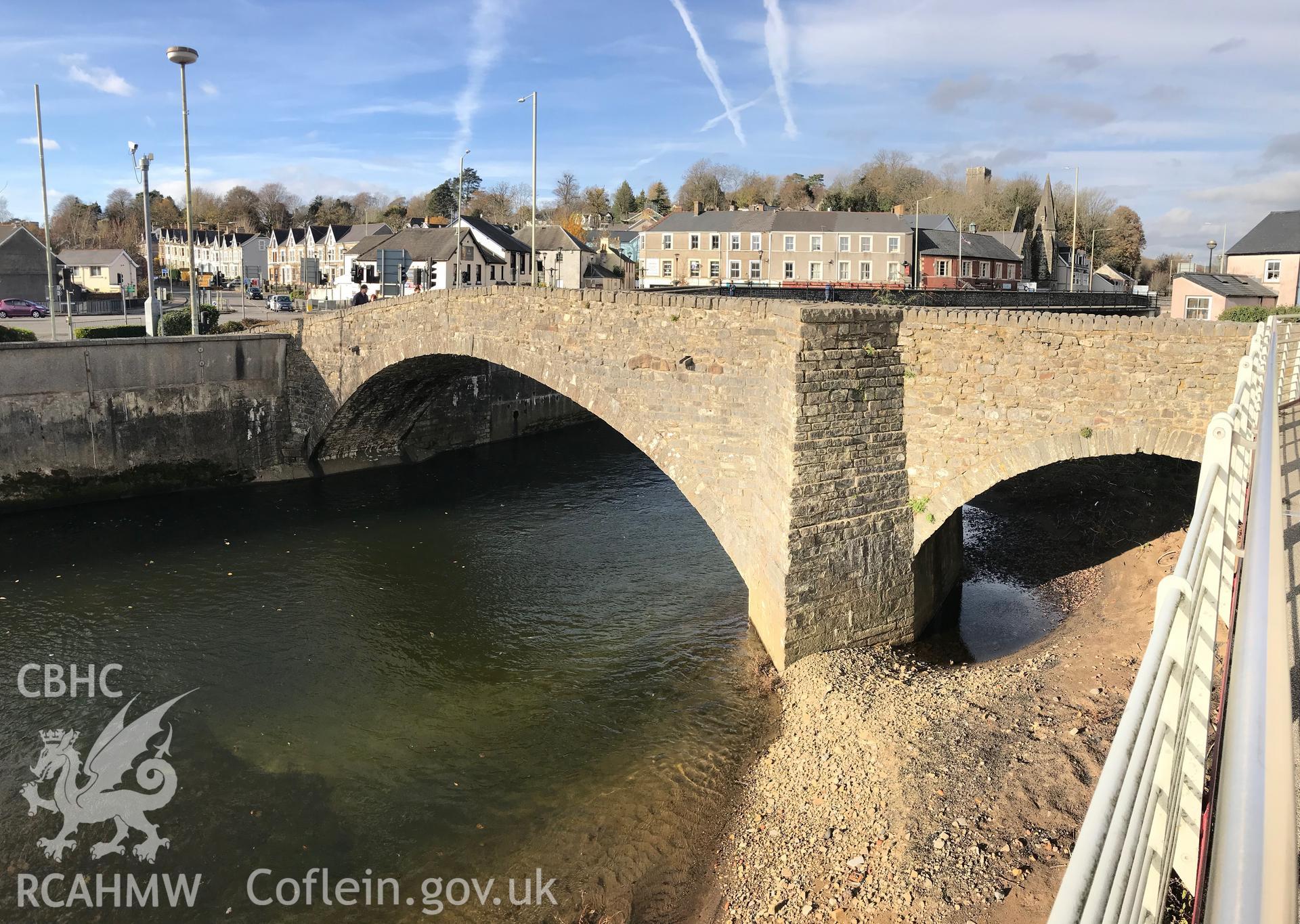 View of the Old Bridge crossing the river Ogwr at Bridgend. Colour photograph taken by Paul R. Davis on 15th November 2018.