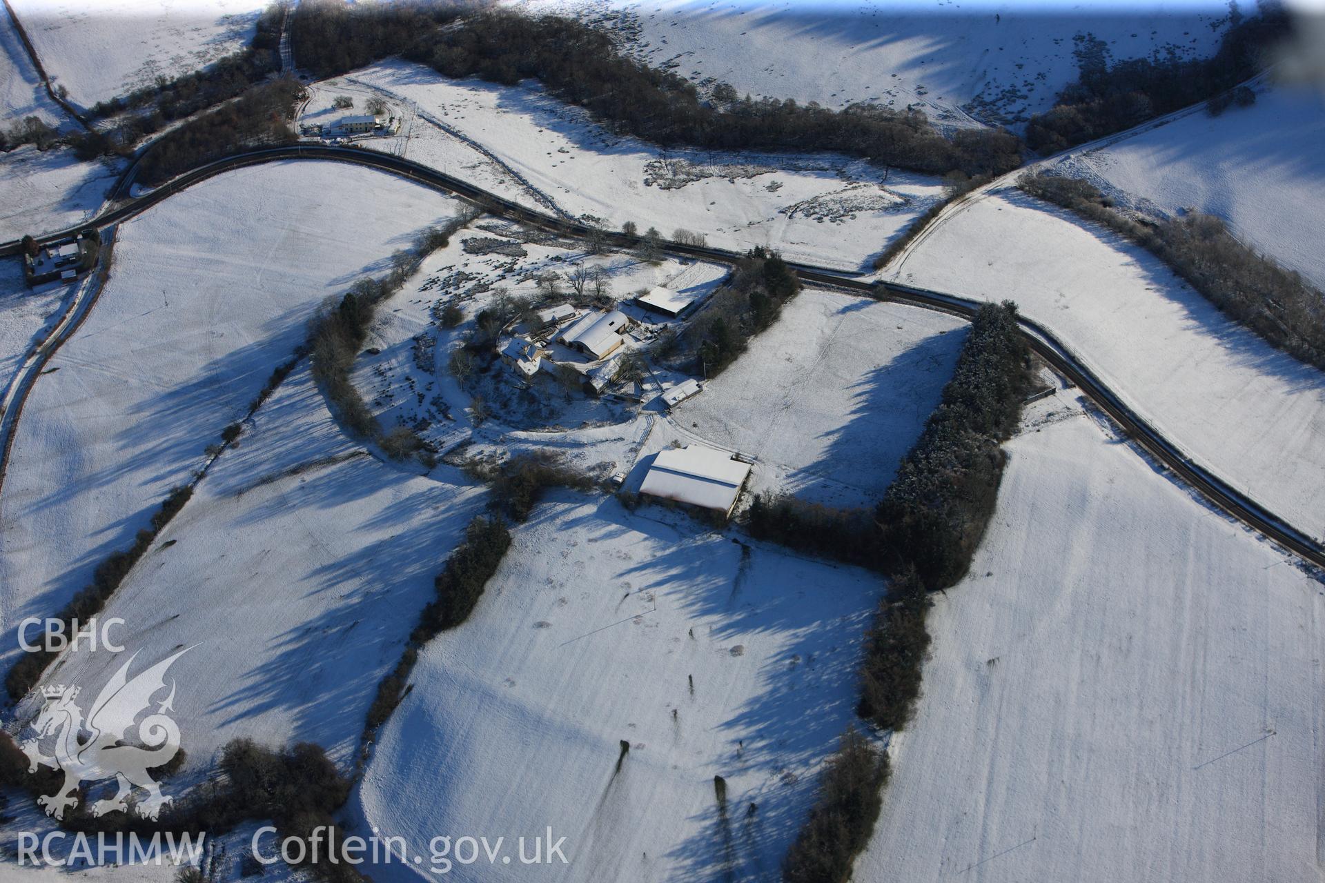 Colwyn Castle, the Roman fort at Colwyn Castle and Fforest farm, Glascwm, north east of Builth Wells. Oblique aerial photograph taken during the Royal Commission?s programme of archaeological aerial reconnaissance by Toby Driver on 15th January 2013.