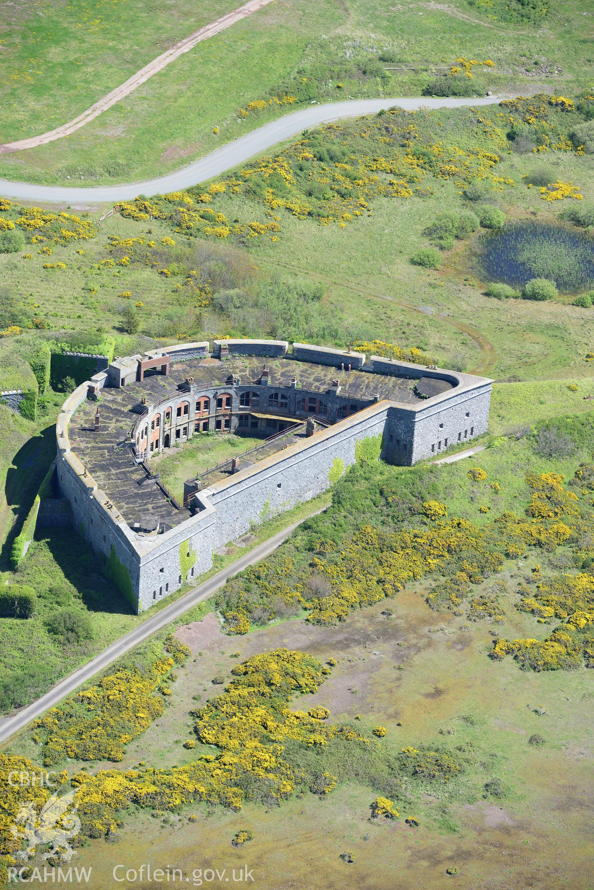 South Hook fort, Milford Haven. Oblique aerial photograph taken during the Royal Commission's programme of archaeological aerial reconnaissance by Toby Driver on 13th May 2015.