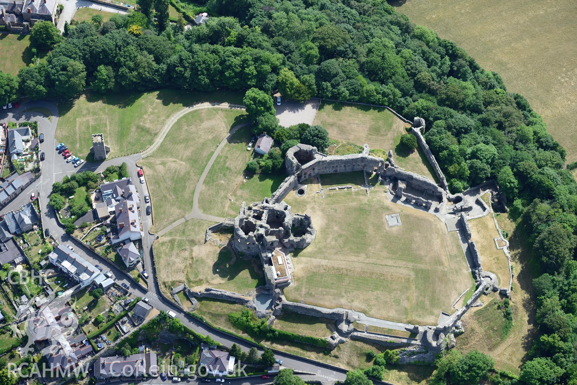 Royal Commission aerial photography of Denbigh Castle with extensive parchmarks taken on 19th July 2018 during the 2018 drought.