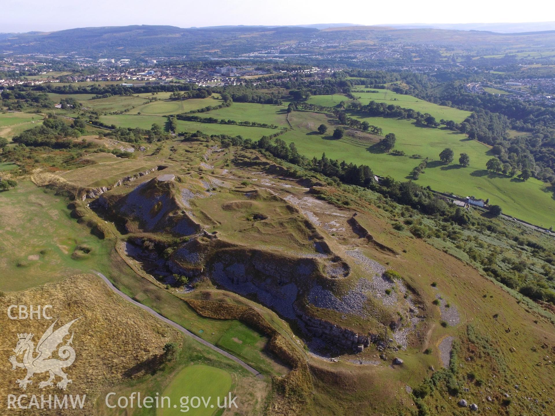 Aerial view of Morlais Castle, Pant, Merthyr Tydfil. Colour photograph taken by Paul R. Davis on 6th August 2018.