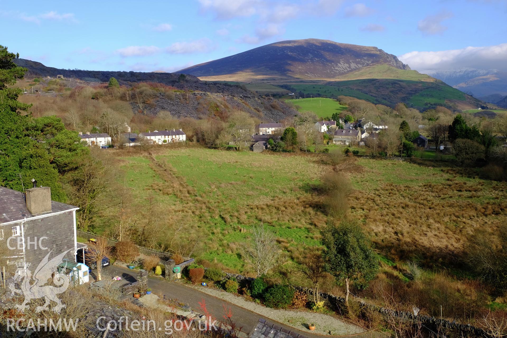 Colour photograph showing view of Nantlle village looking east towards Snowdon, produced by Richard Hayman 9th February 2017