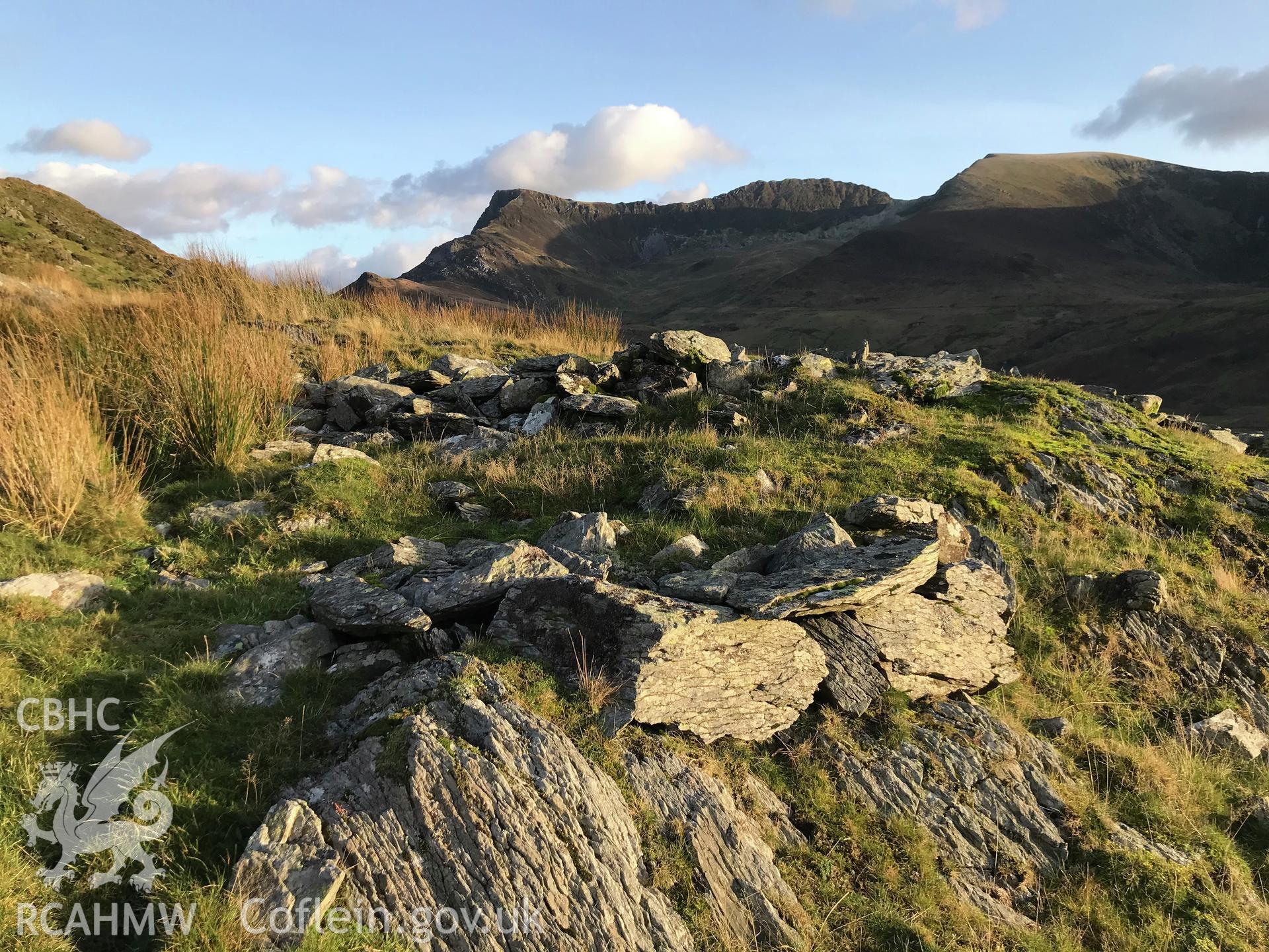 Digital colour photograph showing small hillfort north east of Gelli Ffrydiau, near Nantlle, Llanllyfni, taken by Paul Davis on 3rd December 2019.