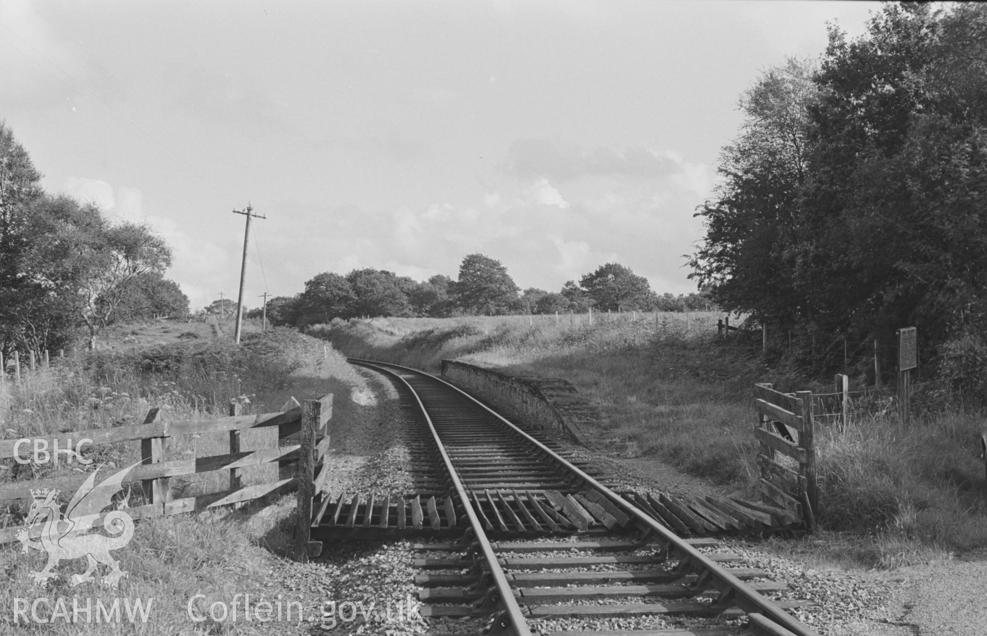 Digital copy of black & white negative showing view looking along Lampeter-Aberaeron railway at Halt between Rhiw-Onen and Cil-erwysg, 3km east of Temple Bar. Photographed by Arthur O. Chater on 16th August 1967 looking south south east from SN 567 541.