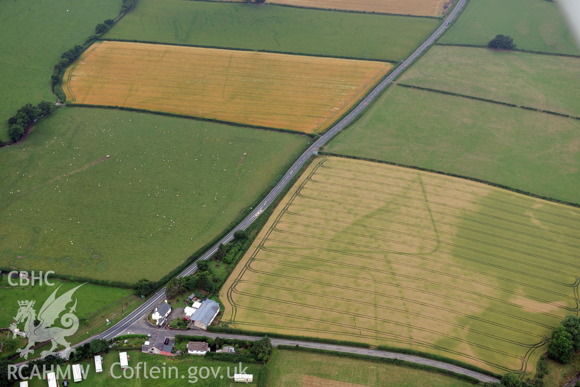 Walton Roman camp, east of Llandrindod Wells, near the Wales-England border. Oblique aerial photograph taken during the Royal Commission?s programme of archaeological aerial reconnaissance by Toby Driver on 1st August 2013.