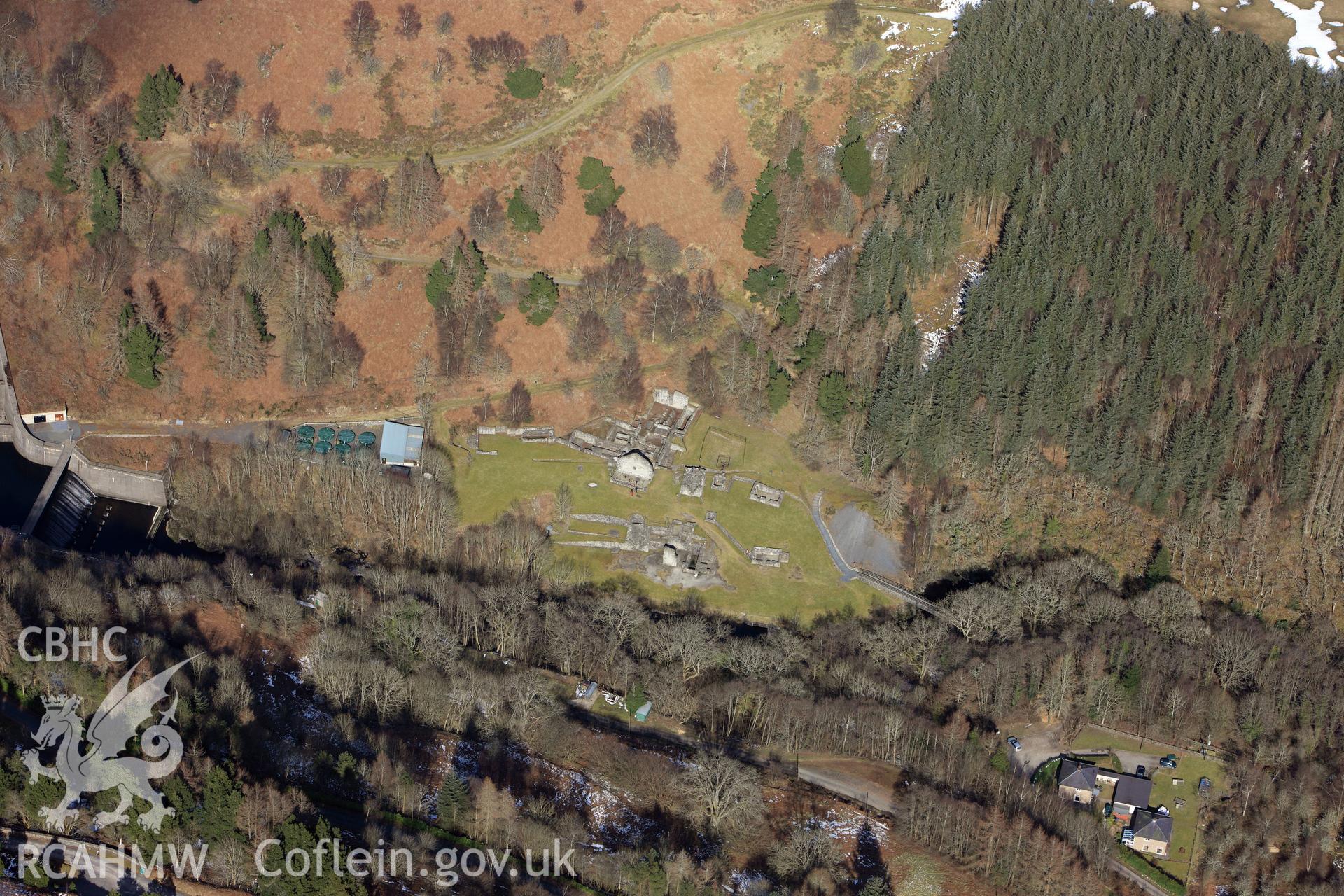 Bryntail lead mine, north west of Llanidloes. Oblique aerial photograph taken during the Royal Commission's programme of archaeological aerial reconnaissance by Toby Driver on 2nd April 2013.