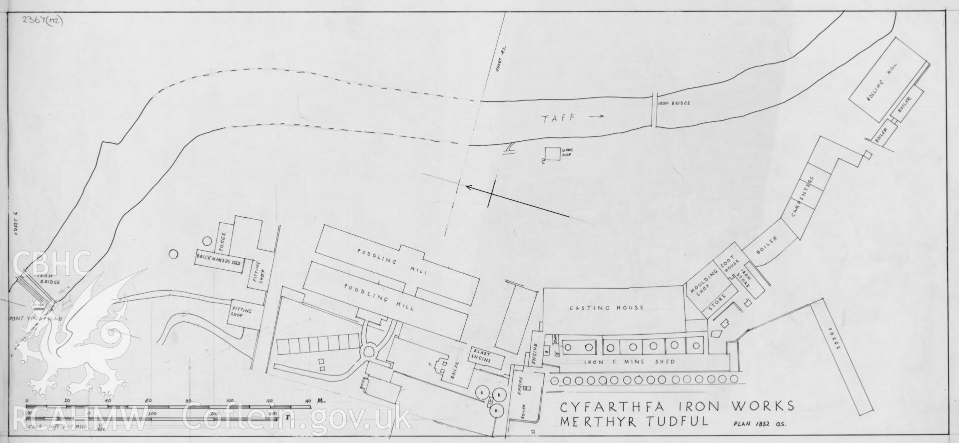 Digital copy of RCAHMW plan showing of Cyfartha ironworks, Merthyr Tydfil.