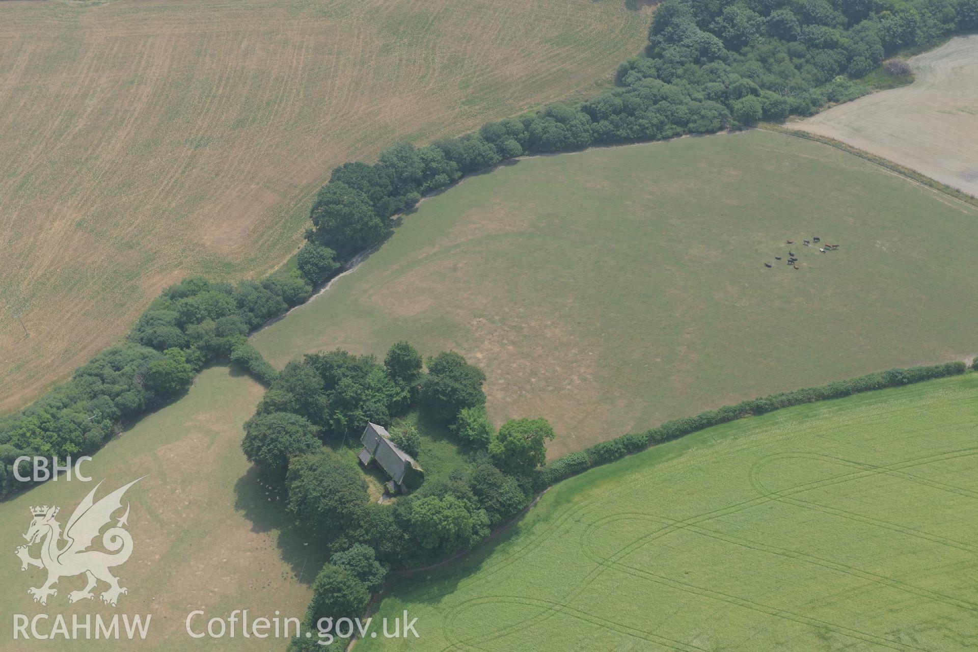 Royal Commission aerial photography of Llangan Church taken during drought conditions on 22nd July 2013.