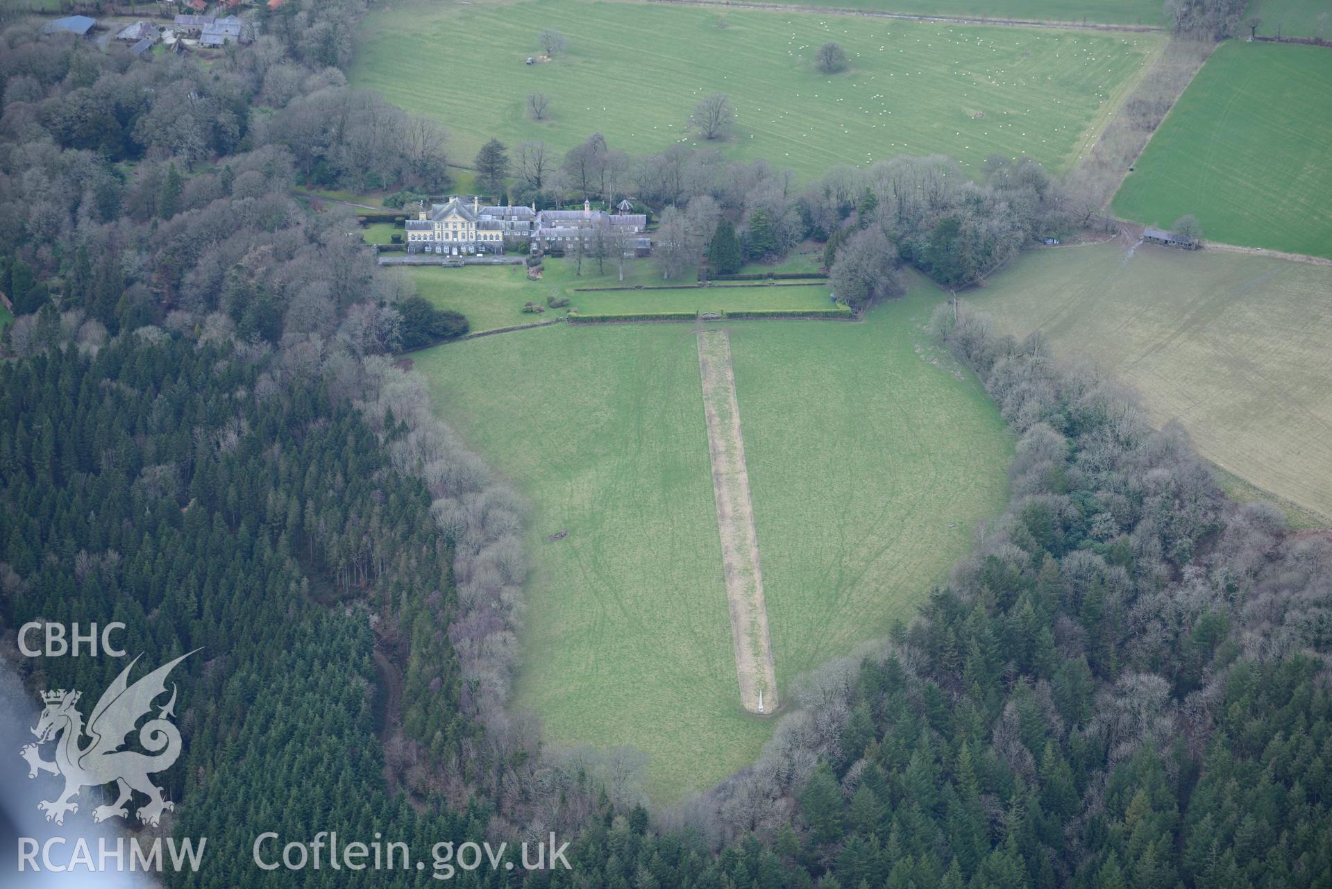 Ffynonau Mansion and the associated stable, kitchen court and garden, Newchapel, near Newcastle Emlyn. Oblique aerial photograph taken during the Royal Commission's programme of archaeological aerial reconnaissance by Toby Driver on 13th March 2015.