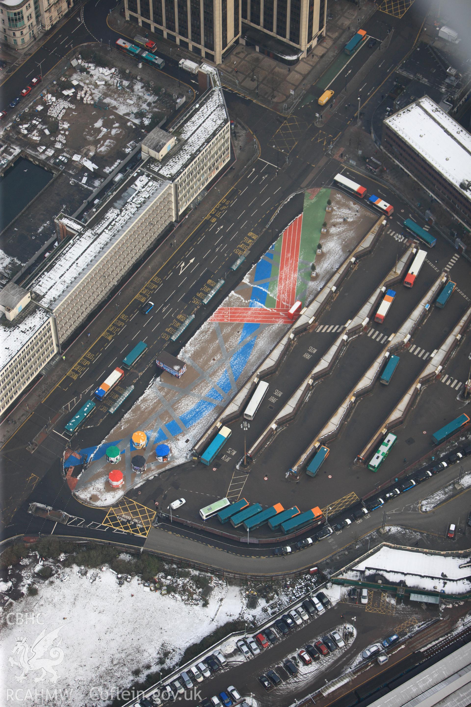 Cardiff Central Bus Station, Temperance Town, Cardiff. Oblique aerial photograph taken during the Royal Commission?s programme of archaeological aerial reconnaissance by Toby Driver on 24th January 2013.