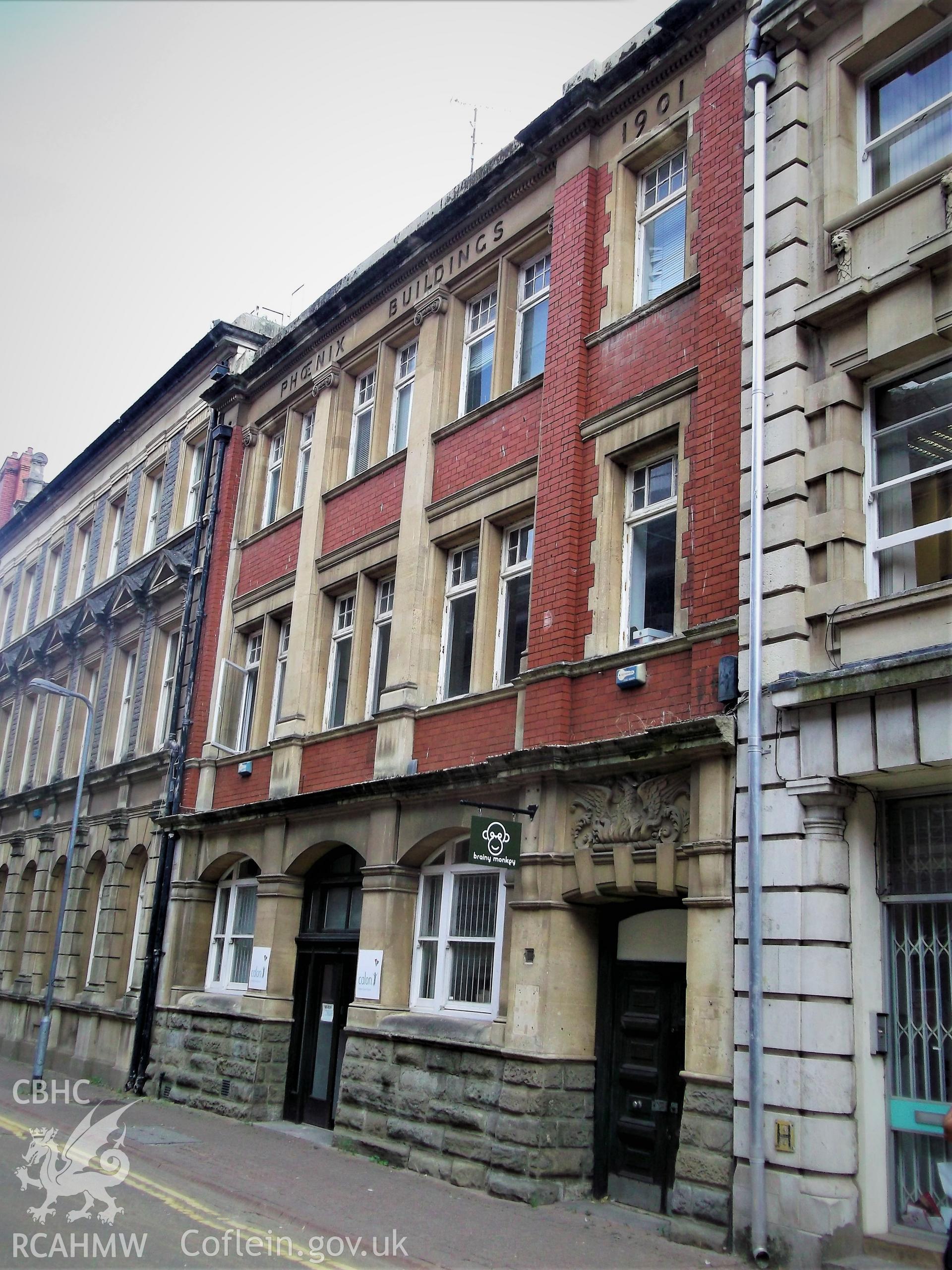 Colour photograph showing exterior of Phoenix Buildings, Mount Stuart Square, Butetown, taken by Adam Coward on 10th July 2018.