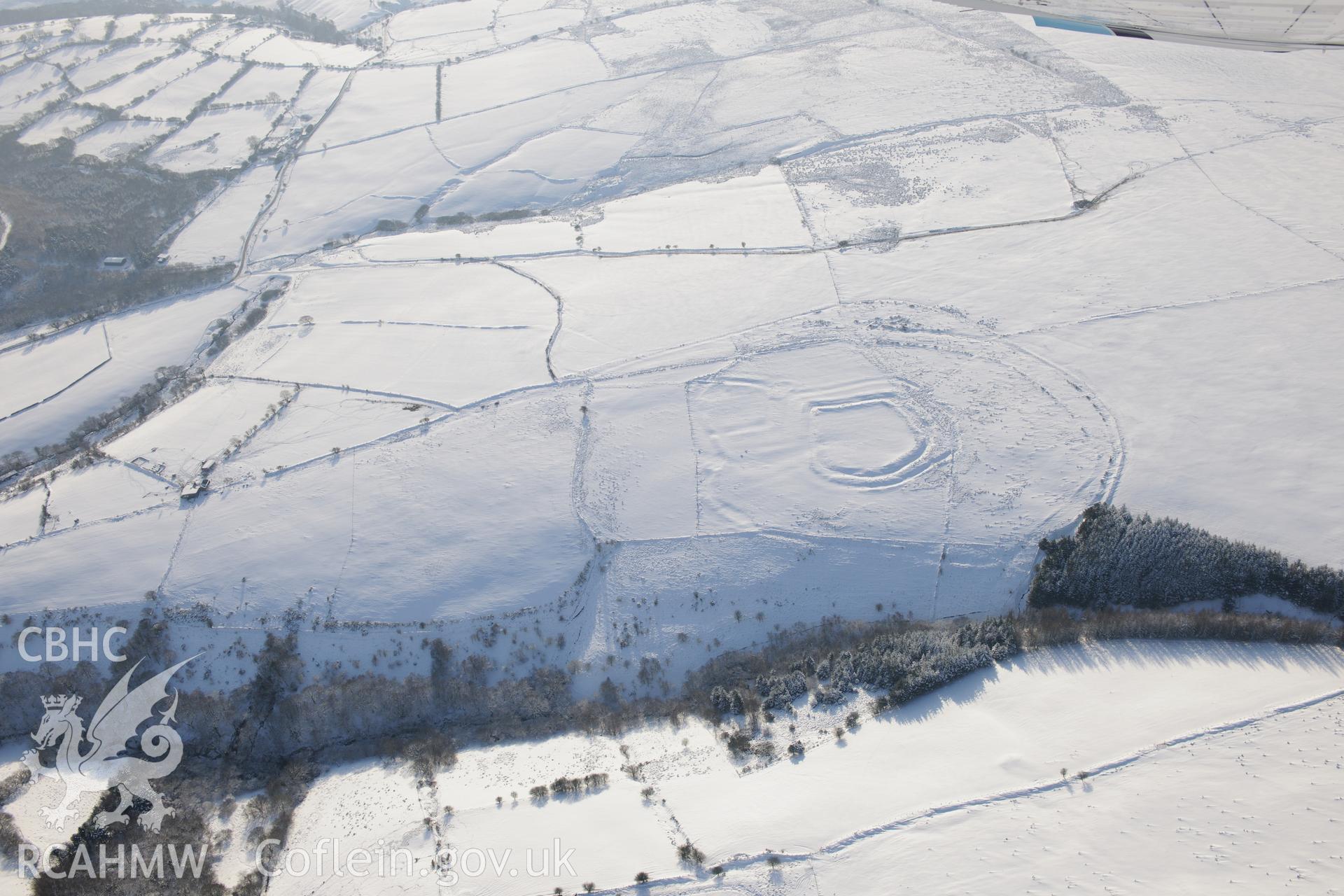 Y Bwlwarcau hillfort, on the eastern edge of Margam Forest, south of Maesteg. Oblique aerial photograph taken during the Royal Commission?s programme of archaeological aerial reconnaissance by Toby Driver on 24th January 2013.