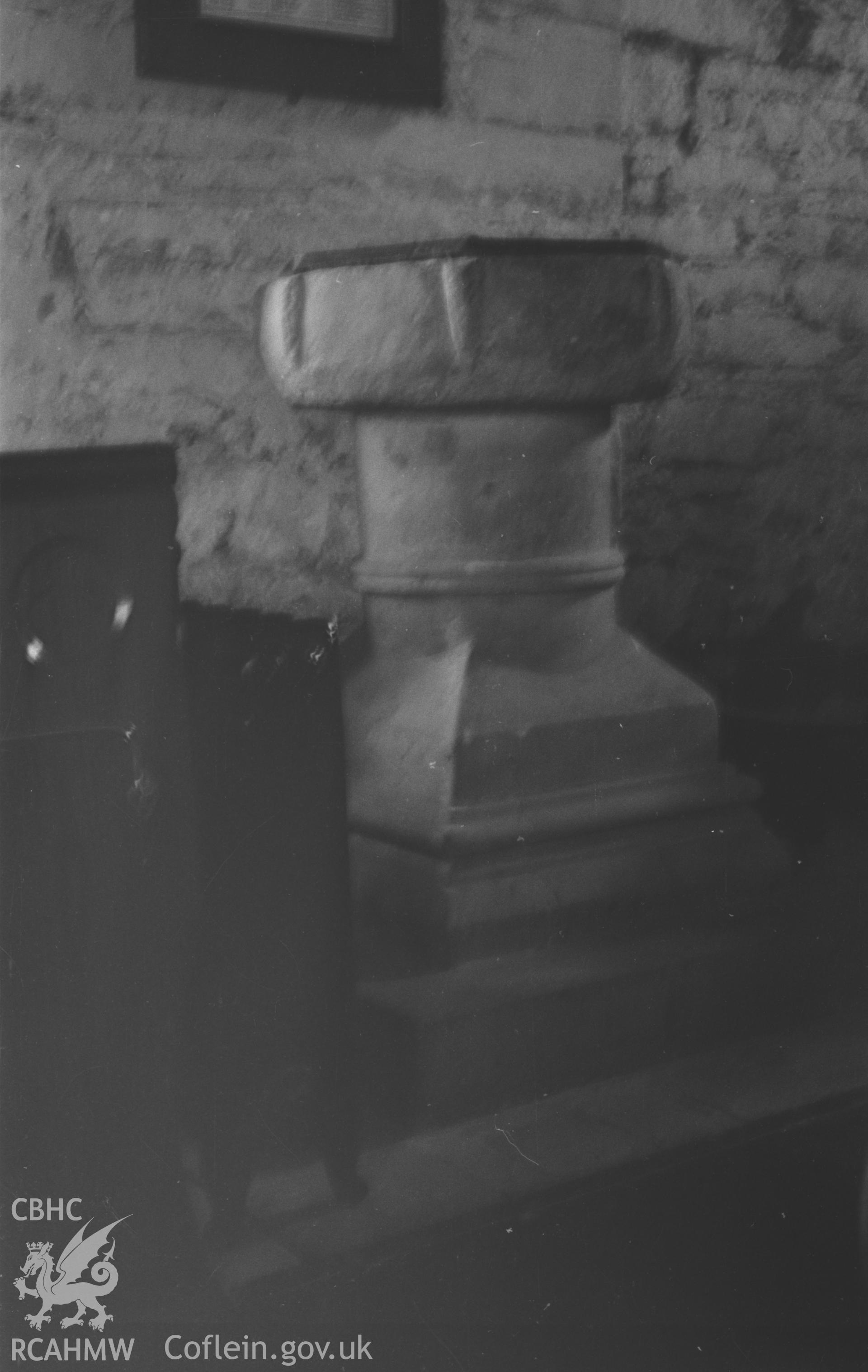 Digital copy of a black and white negative showing the font at St. Caron's Church, Tregaron. Photographed in April 1963 by Arthur O. Chater from Grid Reference SN 680 597.