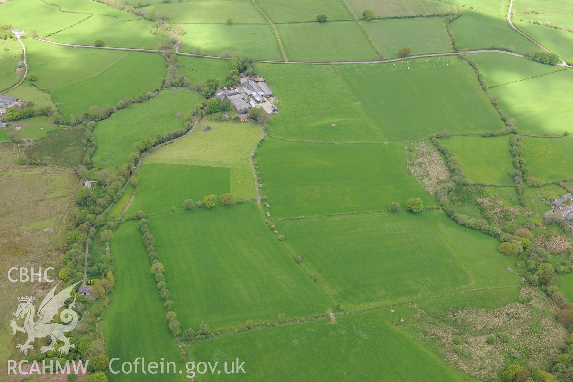 Old Abbey farm and the site of Hen Fynachlog, Ystrad Fflur. Oblique aerial photograph taken during the Royal Commission's programme of archaeological aerial reconnaissance by Toby Driver on 3rd June 2015.