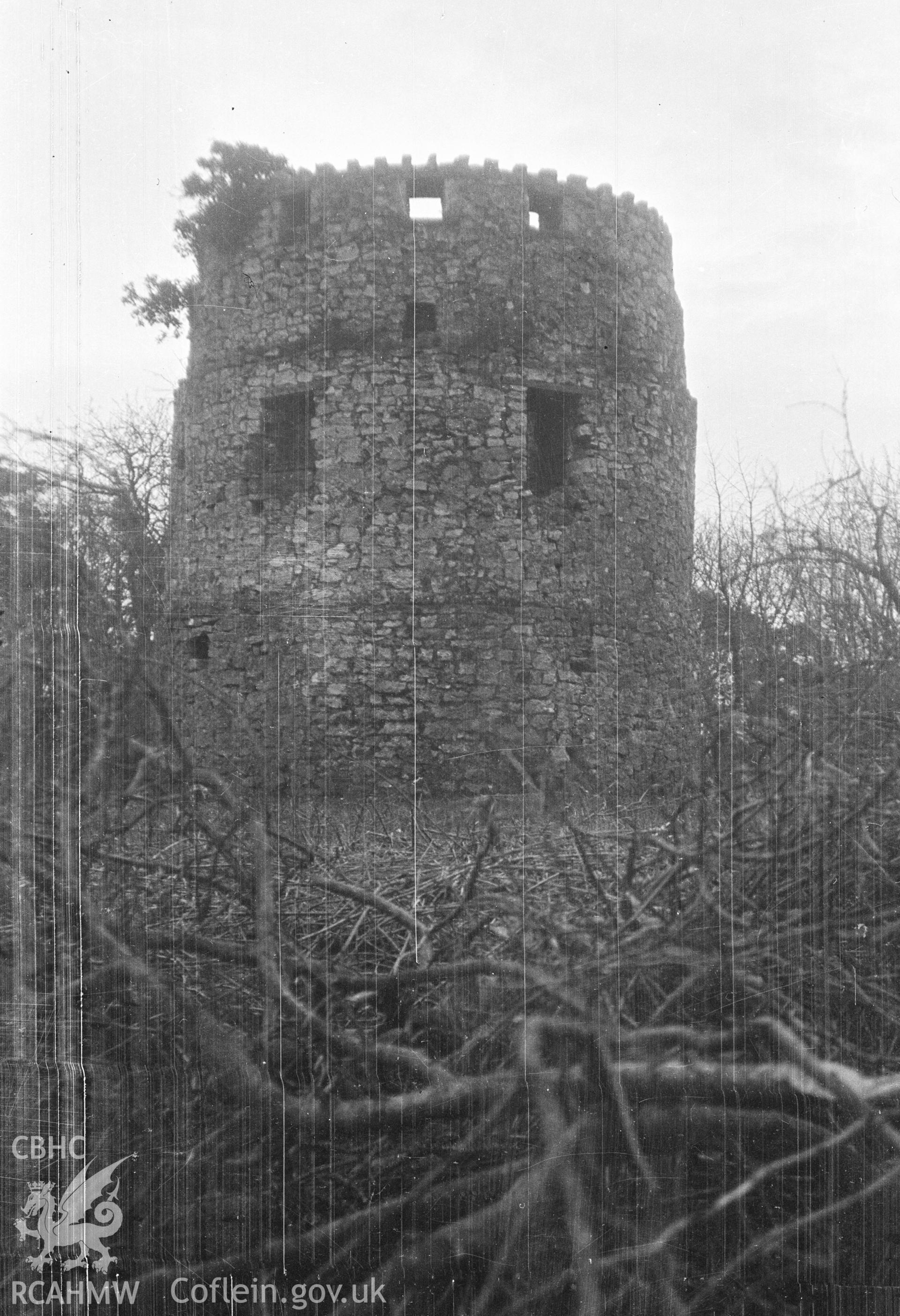 Digital copy of a nitrate negative showing The Tower, Coed y Garreg.