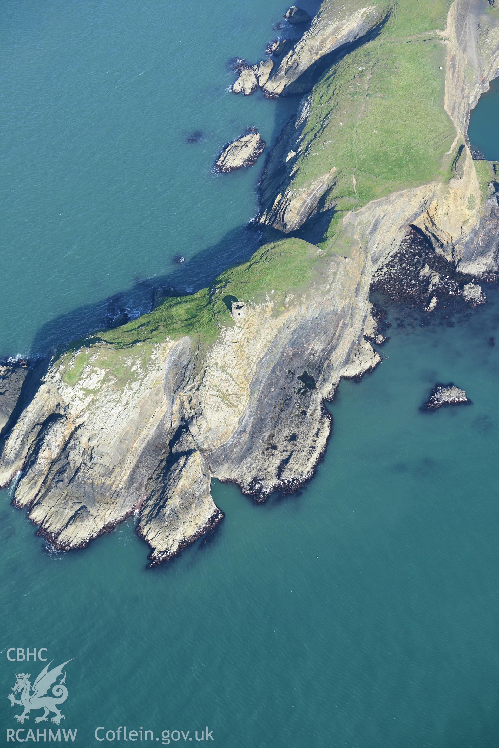 Abereiddi Tower at Abereiddi Bay on the Pembrokeshire coast, south west of Fishguard. Oblique aerial photograph taken during the Royal Commission's programme of archaeological aerial reconnaissance by Toby Driver on 30th September 2015.