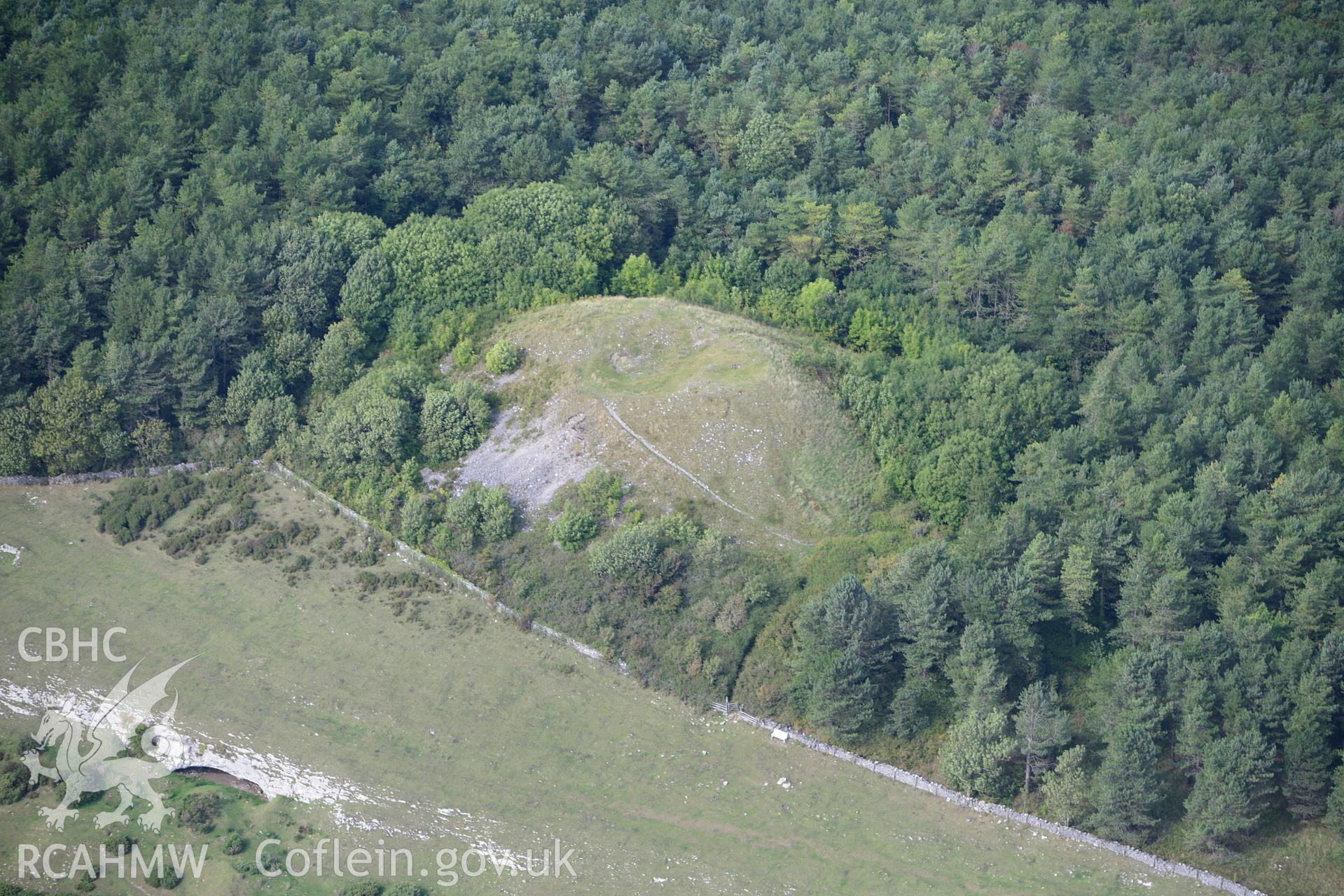 Gop Hill cairn, Trelawnyd, near St. Asaph. Oblique aerial photograph taken during the Royal Commission's programme of archaeological aerial reconnaissance by Toby Driver on 11th September 2015.