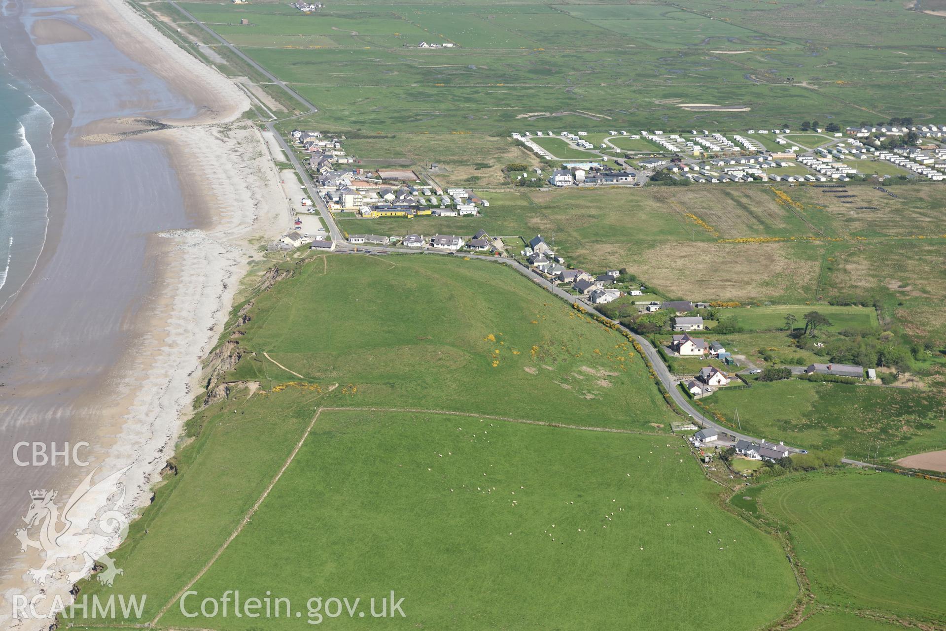 Aerial photography of Dinas Dinlle taken on 3rd May 2017.  Baseline aerial reconnaissance survey for the CHERISH Project. ? Crown: CHERISH PROJECT 2017. Produced with EU funds through the Ireland Wales Co-operation Programme 2014-2020. All material made