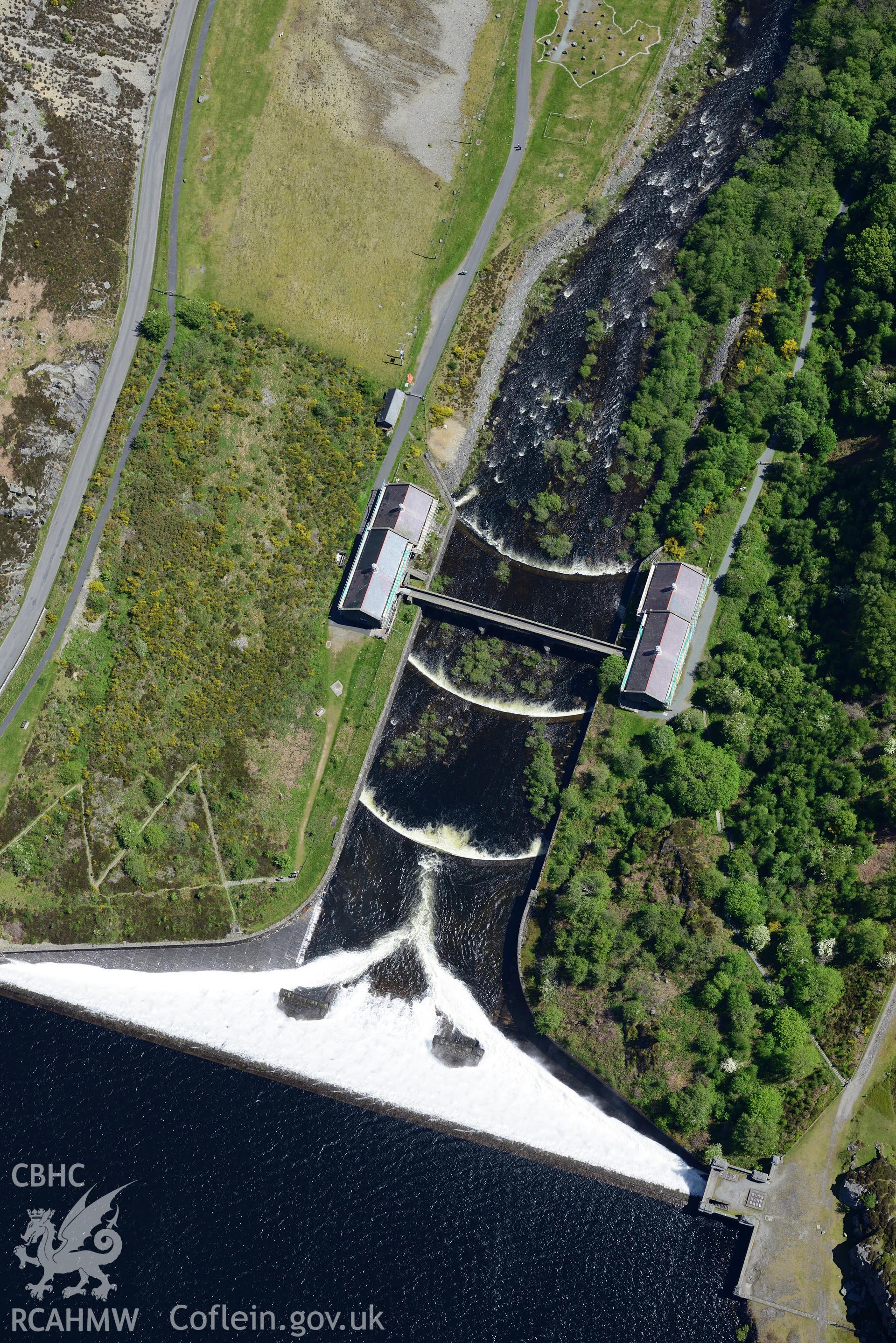 Caban Coch Dam, Reservoir and hydro electric stations, Elan Valley Water Scheme. Oblique aerial photograph taken during the Royal Commission's programme of archaeological aerial reconnaissance by Toby Driver on 3rd June 2015.