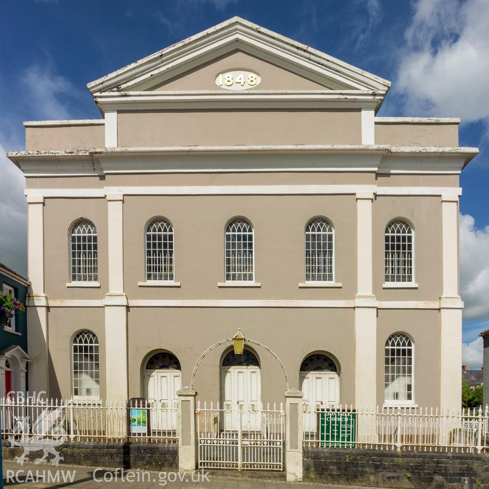 Colour photograph showing front elevation and entrance of Zion Wesleyan Methodist Chapel, Meyrick Street, Pembroke Dock. Photographed by Richard Barrett on 21st June 2018.