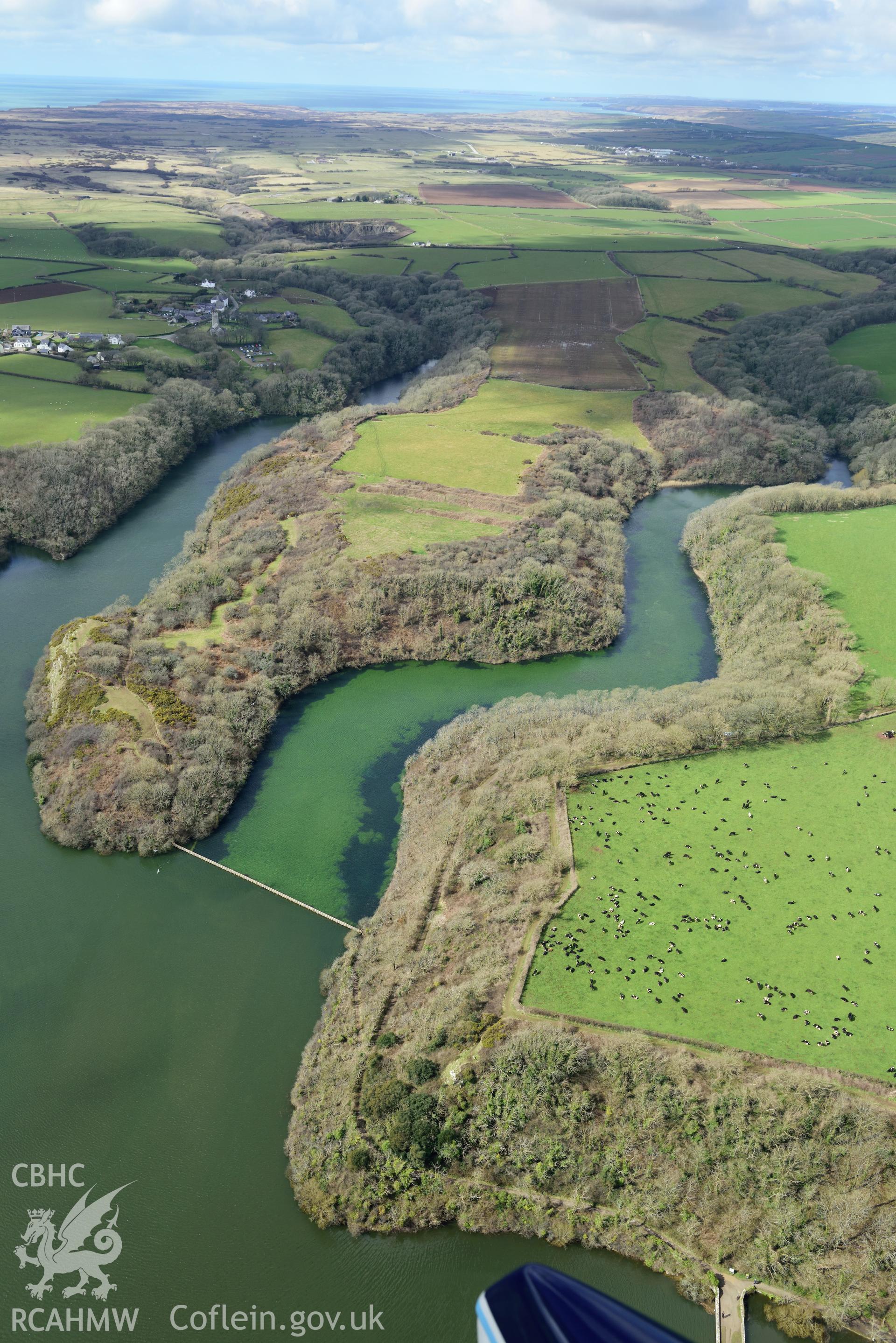 Bosherton Camp, promontory fort. Baseline aerial reconnaissance survey for the CHERISH Project. ? Crown: CHERISH PROJECT 2018. Produced with EU funds through the Ireland Wales Co-operation Programme 2014-2020. All material made freely available through the Open Government Licence.