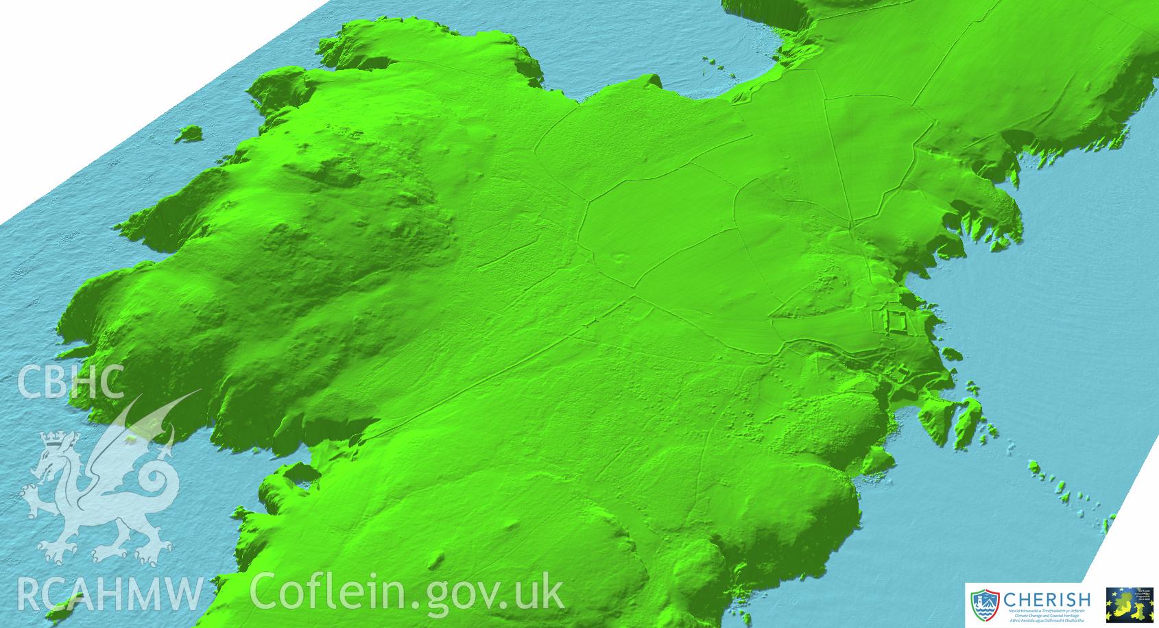 Ramsey Island. Airborne laser scanning (LiDAR) commissioned by the CHERISH Project 2017-2021, flown by Bluesky International LTD at low tide on 24th February 2017. View showing a detail of the central island landscape from the south-east.