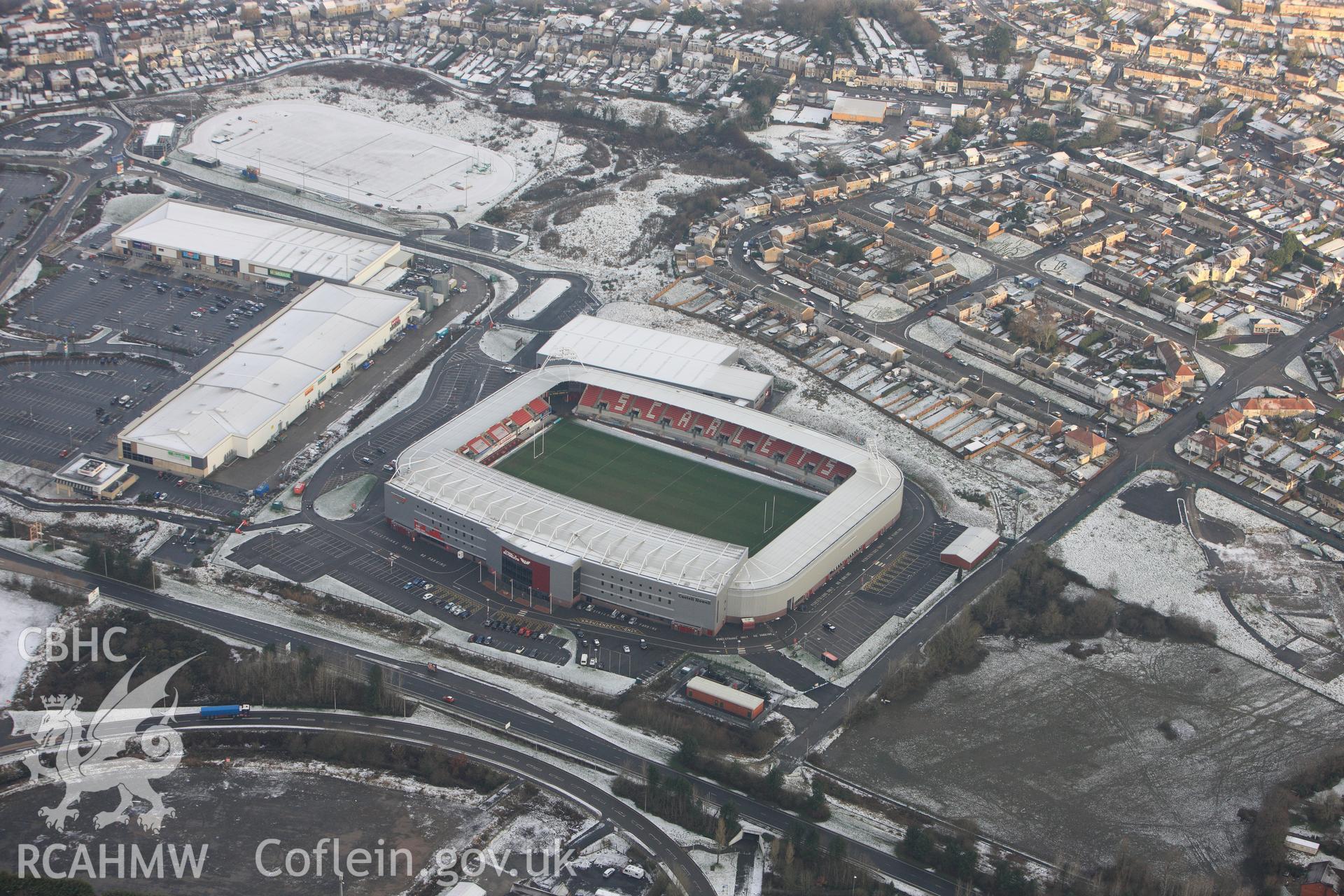 Parc-y-Scarlets stadium, Llanelli. Oblique aerial photograph taken during the Royal Commission?s programme of archaeological aerial reconnaissance by Toby Driver on 24th January 2013.