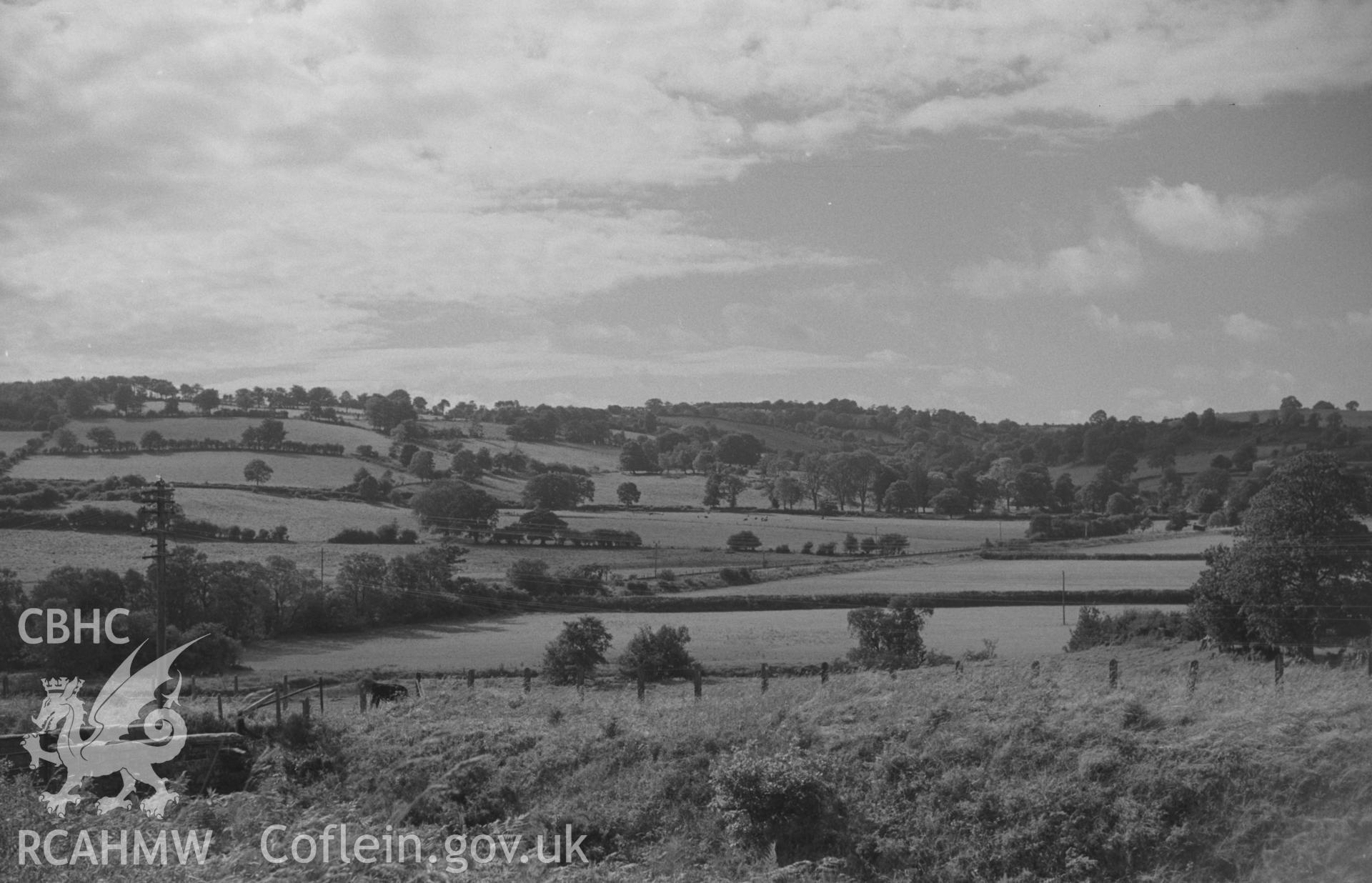 Digital copy of a black and white negative showing view across the cutting of the Lampeter-Aberystwyth railway to the Aberaeron line near Silian. Photographed by Arthur O. Chater on 4th September 1966, looking west from Grid Reference SN 589 506.