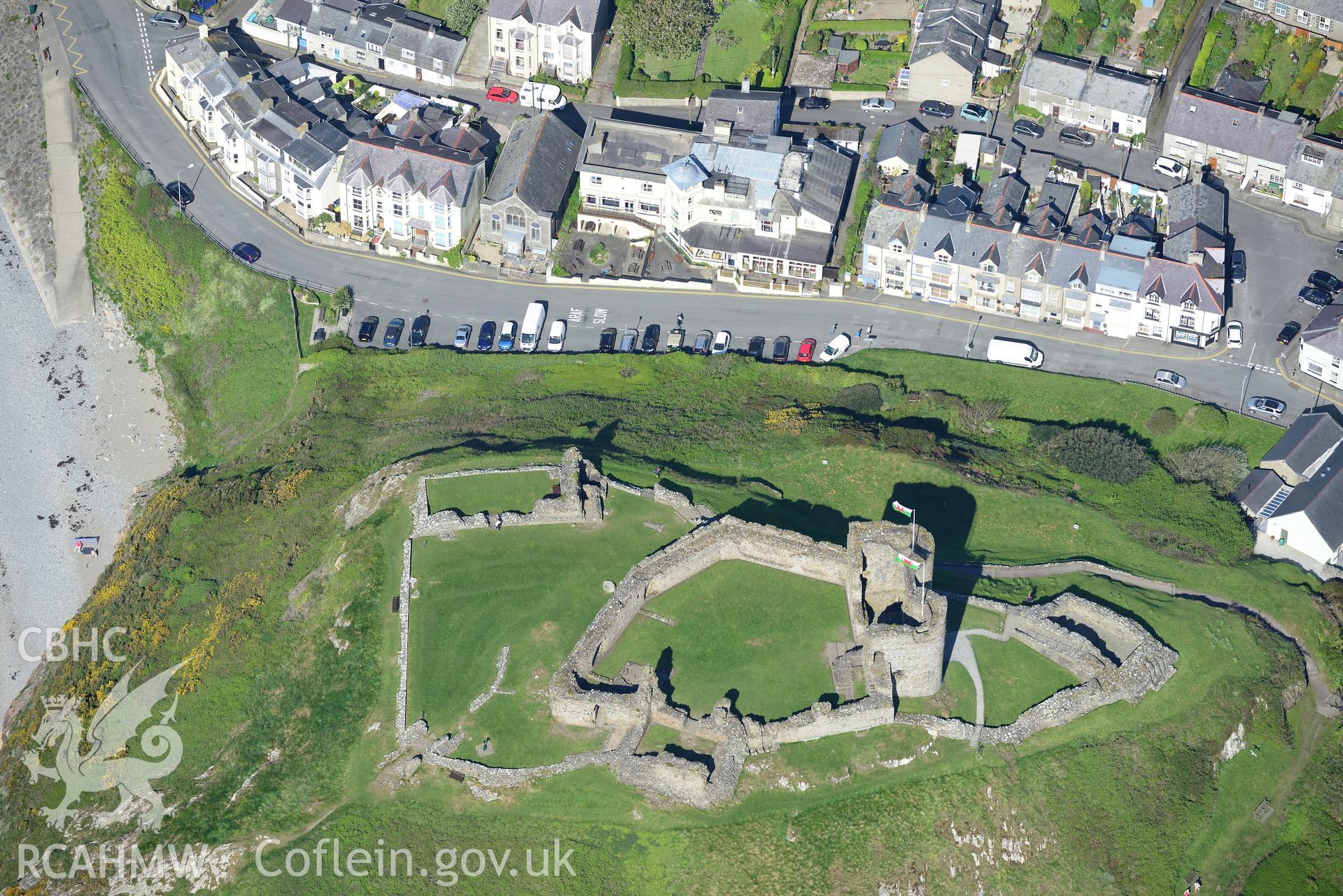 Aerial photography of Criccieth and its castle taken on 3rd May 2017.  Baseline aerial reconnaissance survey for the CHERISH Project. ? Crown: CHERISH PROJECT 2017. Produced with EU funds through the Ireland Wales Co-operation Programme 2014-2020. All ma