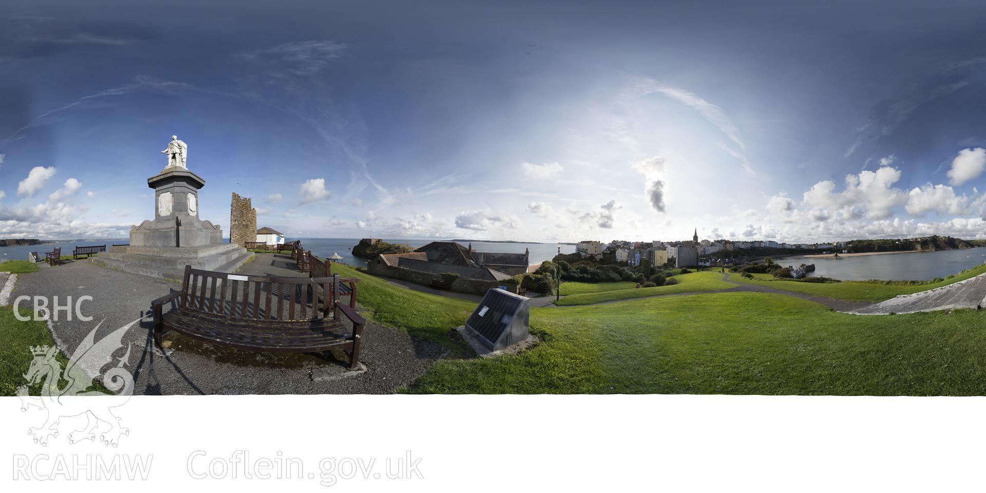 Reduced resolution tiff of stitched images from Castle Hill, Tenby survey, carried out by  Sue Fielding and Rita Singer, July 2017. Produced through European Travellers to Wales project. Uncropped tiff required for panotour.