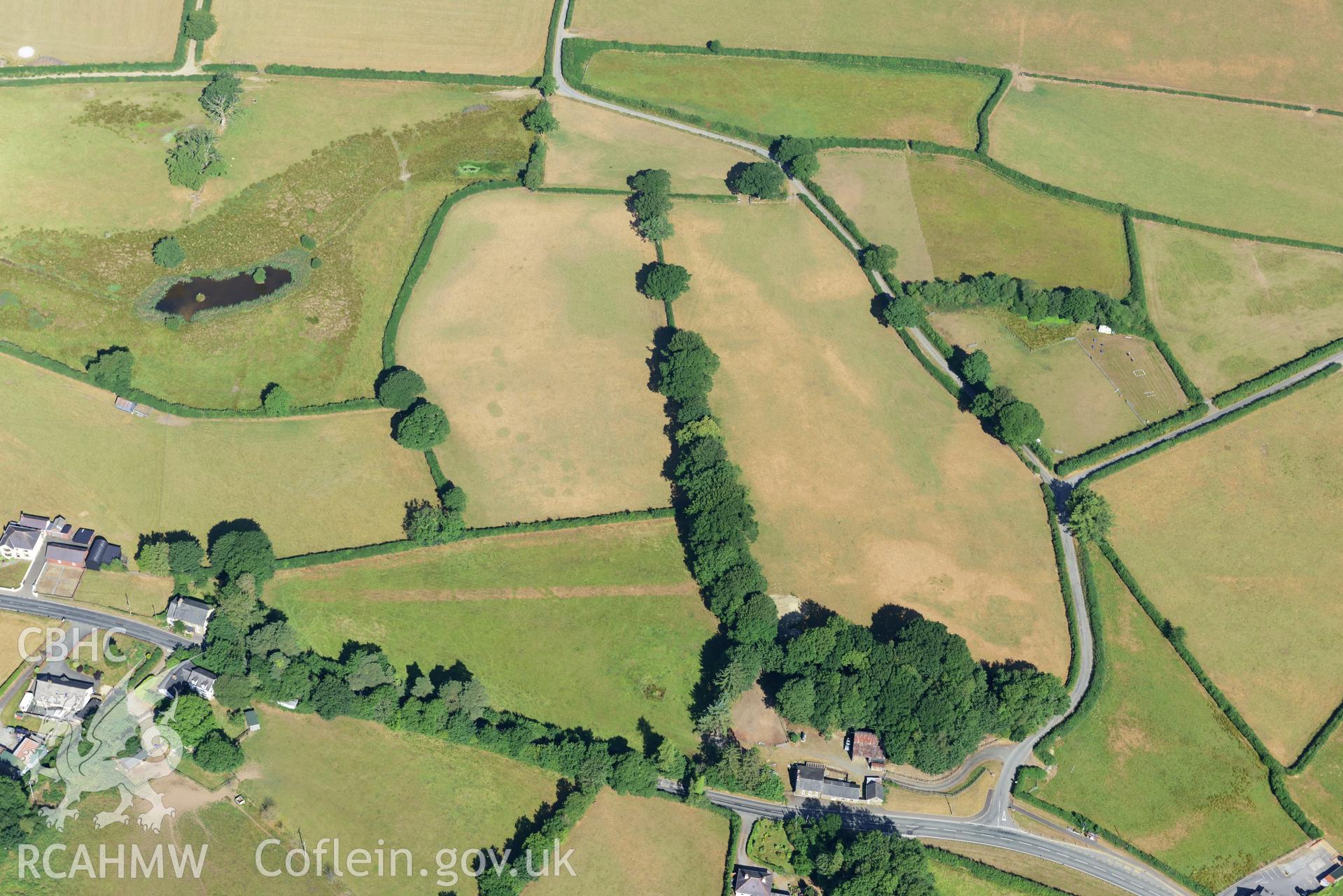 Royal Commission aerial photography of Roman road parchmarks at Aber-Giar or Ffynnon-drain taken on 19th July 2018 during the 2018 drought.