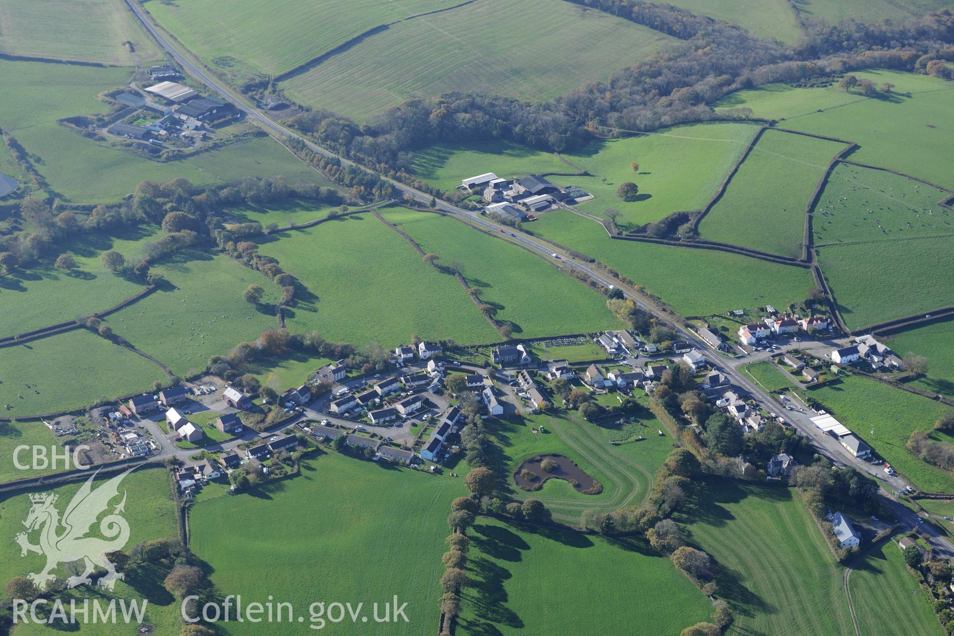 The village of Llwyncelyn, near Aberaeron. Oblique aerial photograph taken during the Royal Commission's programme of archaeological aerial reconnaissance by Toby Driver on 2nd November 2015.