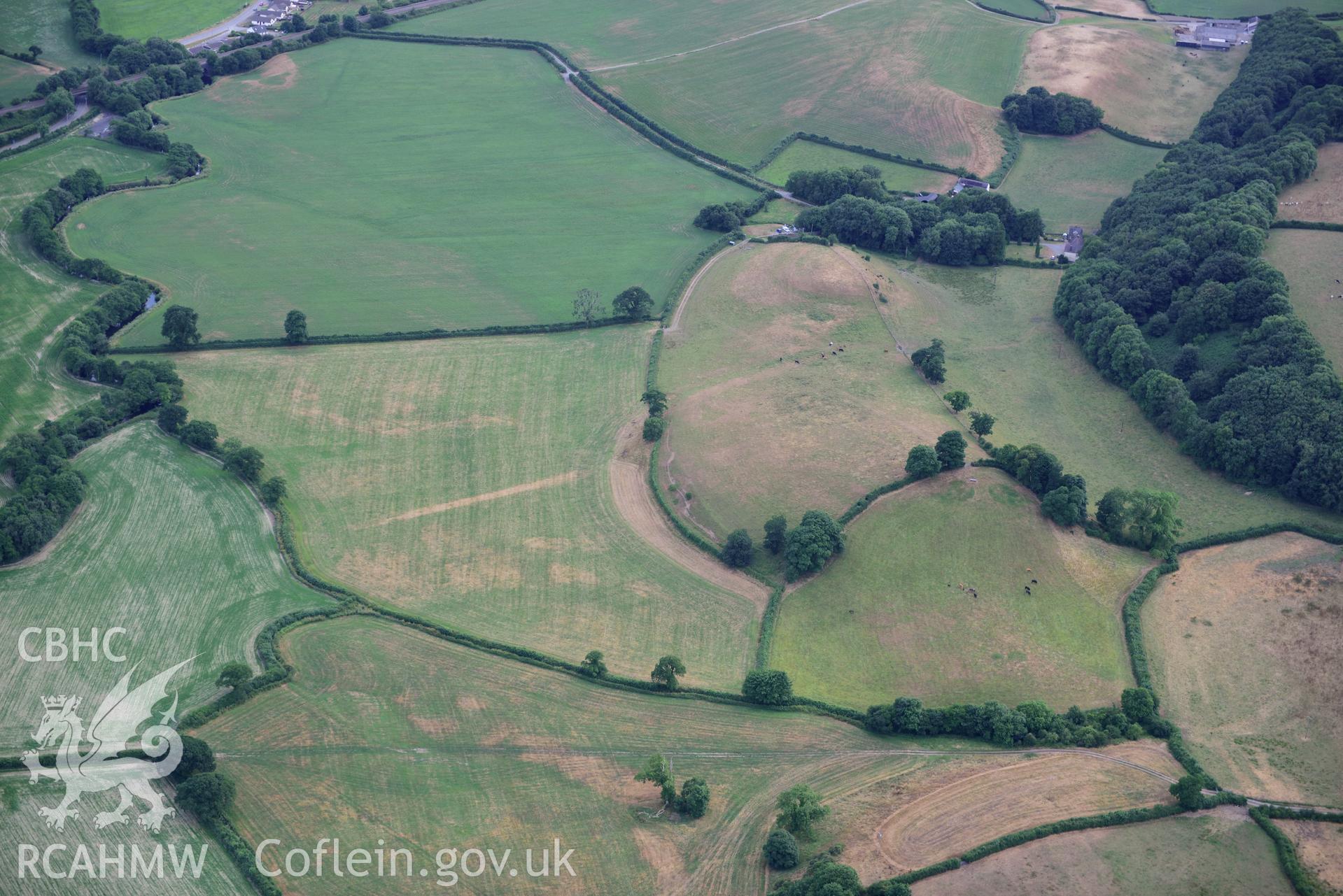 Royal Commission aerial photography of parchmarks of the Roman road at Pontcowin taken on 17th July 2018 during the 2018 drought.