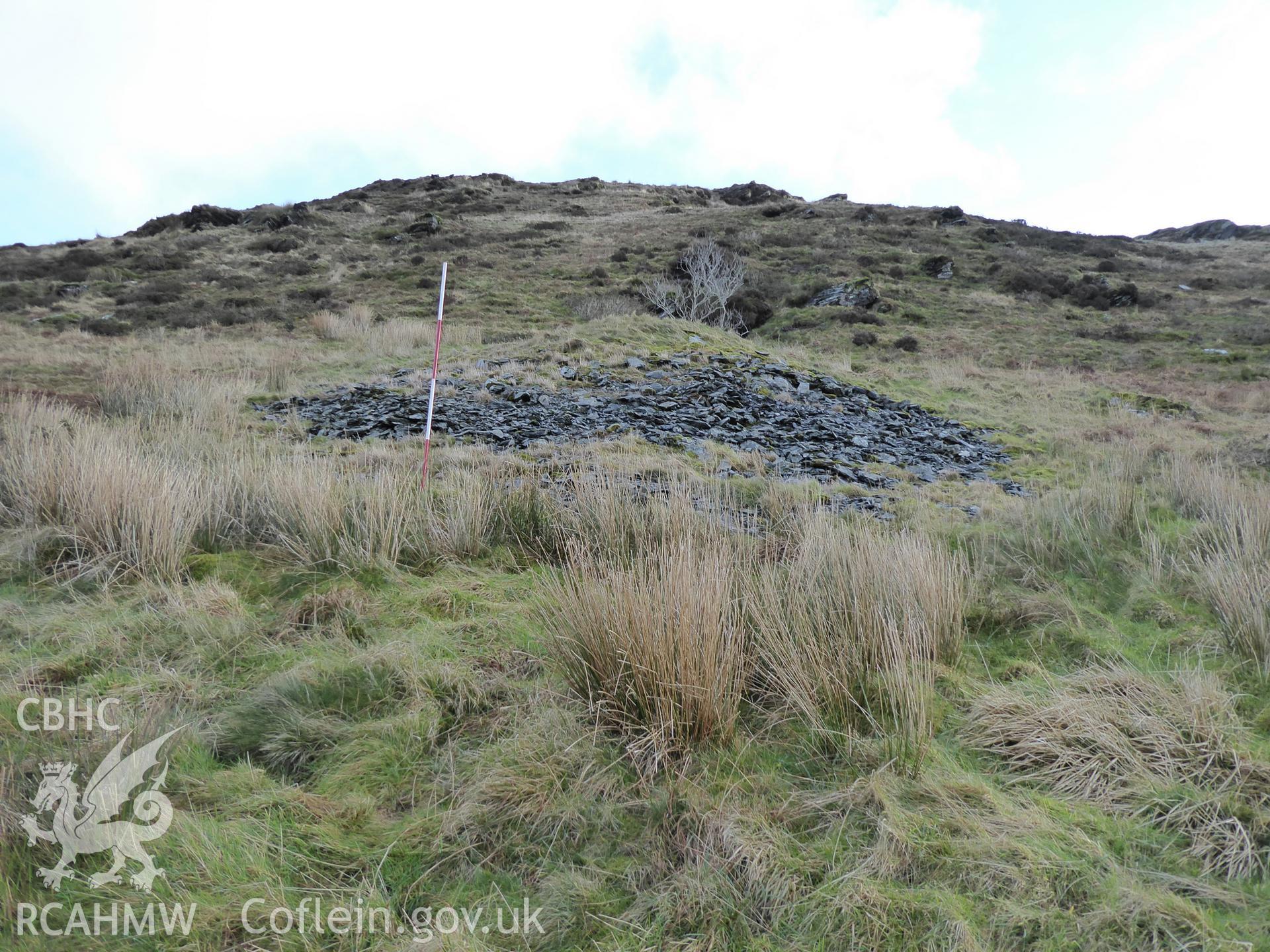 Spoil heap for Moel Bowydd Trail, photographed on 11th February 2019 as part of archaeological assessment of Antur Stiniog Downhill Cycle Tracks Extension, conducted by I. P. Brooks of Engineering Archaeological Services Ltd.