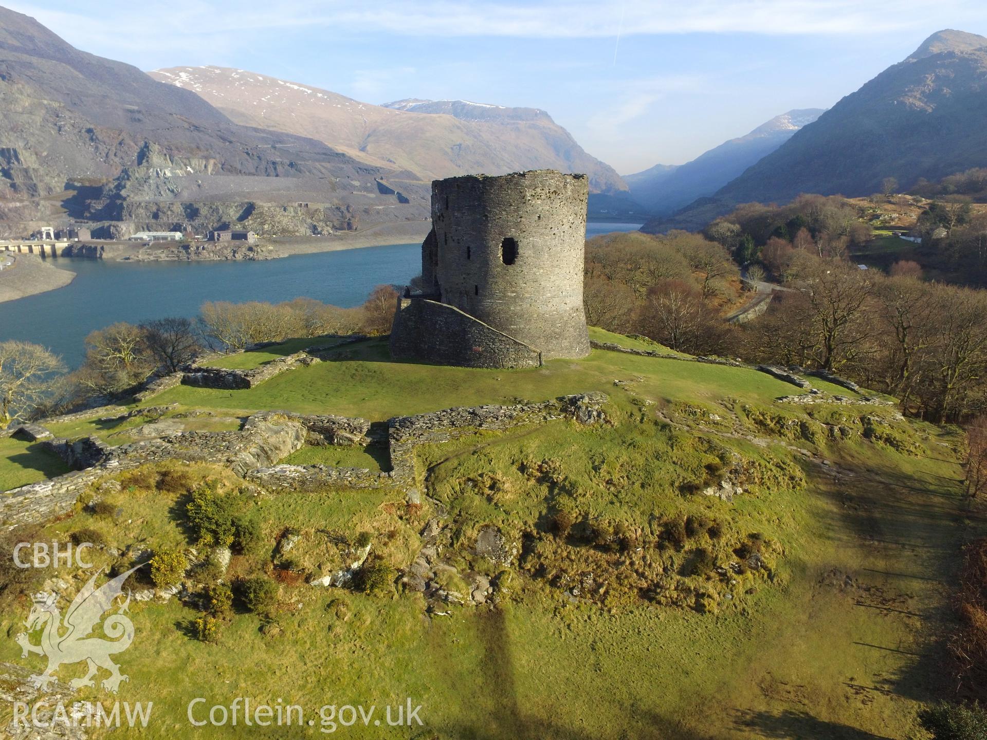 Colour photo showing aerial view of Dolbadarn Castle, Llanberis, taken by Paul R. Davis, 24th February 2018.