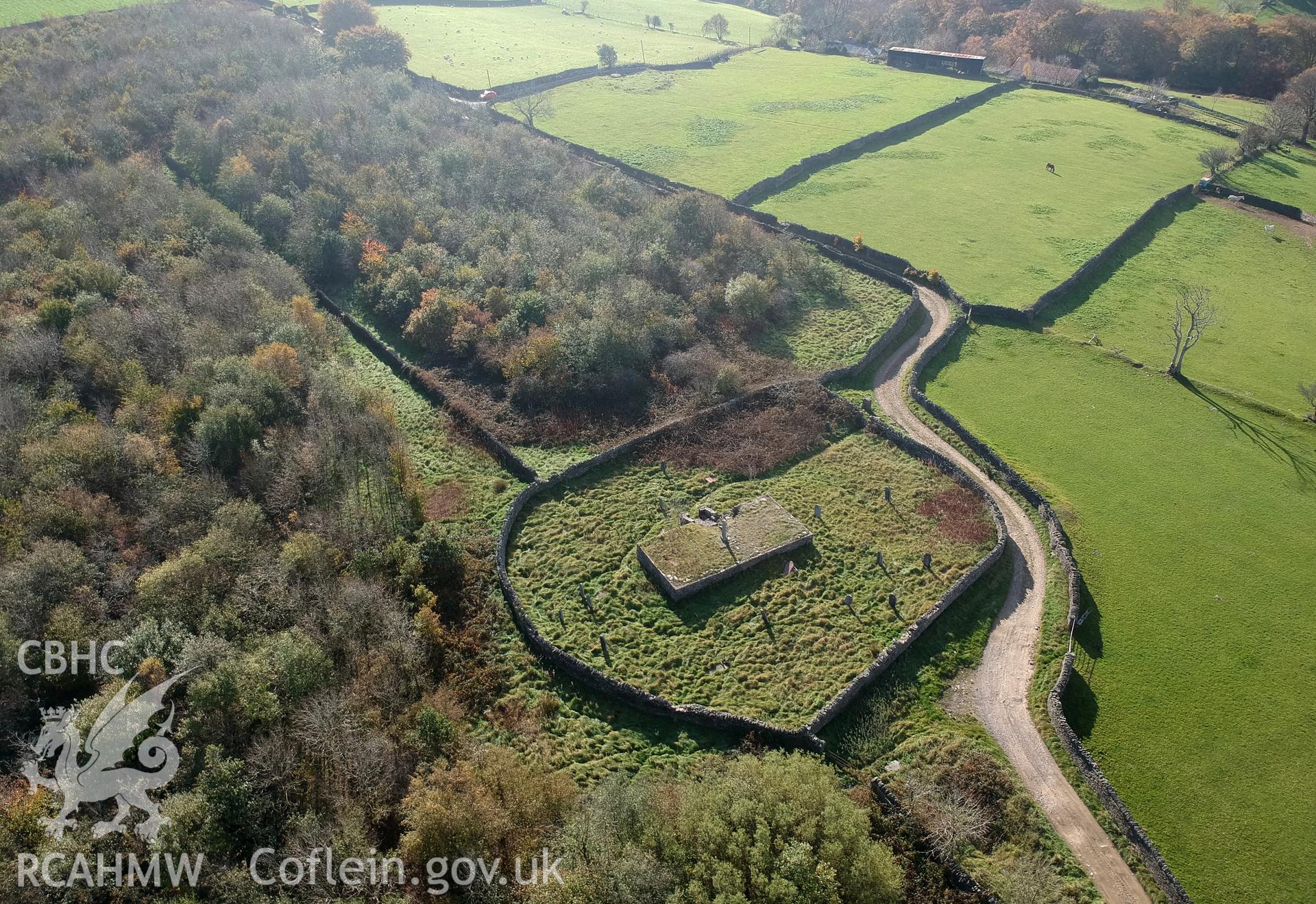 Aerial view of Capel-y-Brithdir, New Tredegar. Colour photograph taken by Paul R. Davis on 24th October 2018.