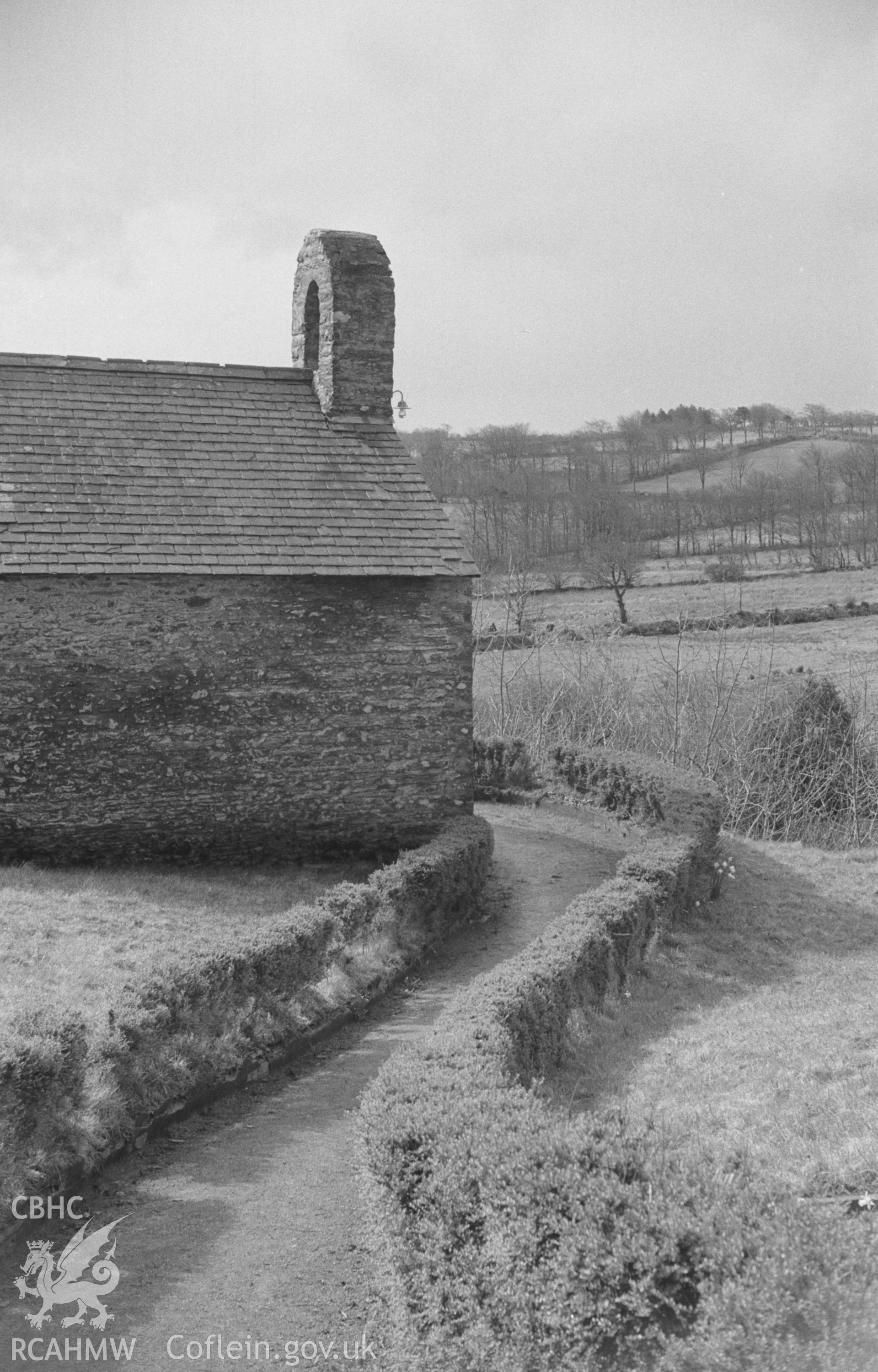 Digital copy of a black and white negative showing view looking down the box-fringed path to the west end of St. Cynon's Church, Capel Cynon. Photographed by Arthur O. Chater in April 1966 from Grid Reference SN 383 494, looking south south west.