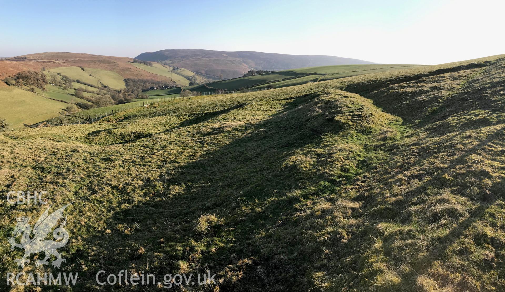 Colour photograph of Cwm-Twrch medieval platform settlement, Glascwm, north east of Builth Wells, taken by Paul R. Davis on 26th February 2019.