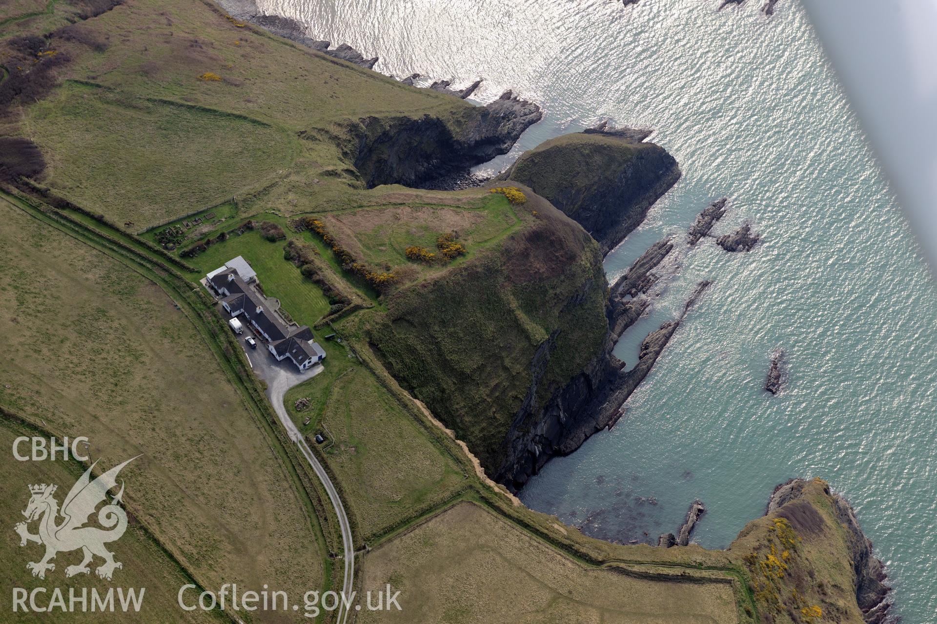 Aerial photography of Pen Castell promontory fort taken on 27th March 2017. Baseline aerial reconnaissance survey for the CHERISH Project. ? Crown: CHERISH PROJECT 2019. Produced with EU funds through the Ireland Wales Co-operation Programme 2014-2020. All material made freely available through the Open Government Licence.