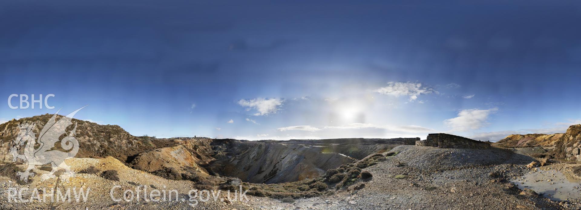 Reduced resolution tiff of stitched images from Viewing Platform, Parys Mountain survey carried out by Scott Lloyd and Rita Singer, September 2017. Produced through European Travellers to Wales project. Cropped tiff required for Coflein