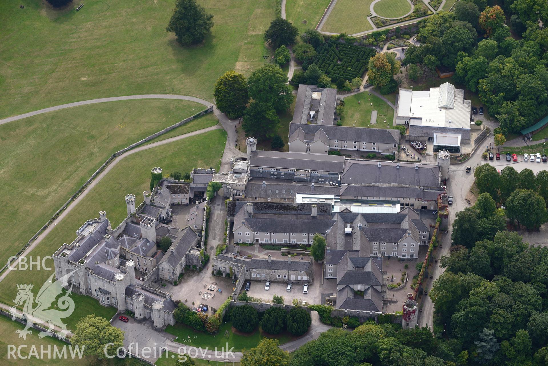 Bodelwyddan Castle and Garden, near St. Asaph. Oblique aerial photograph taken during the Royal Commission's programme of archaeological aerial reconnaissance by Toby Driver on 11th September 2015.