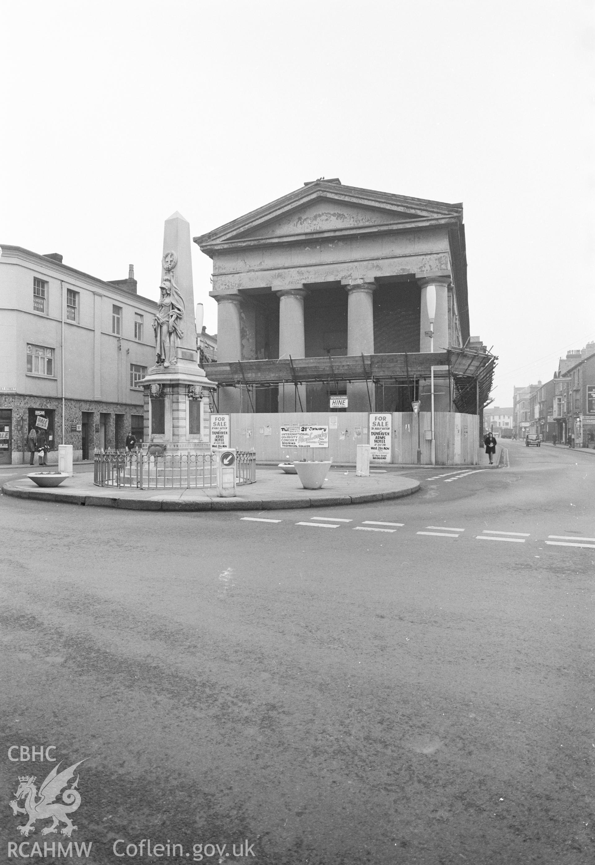 Digital copy of a black and white negative showing Bridgend Town Hall.