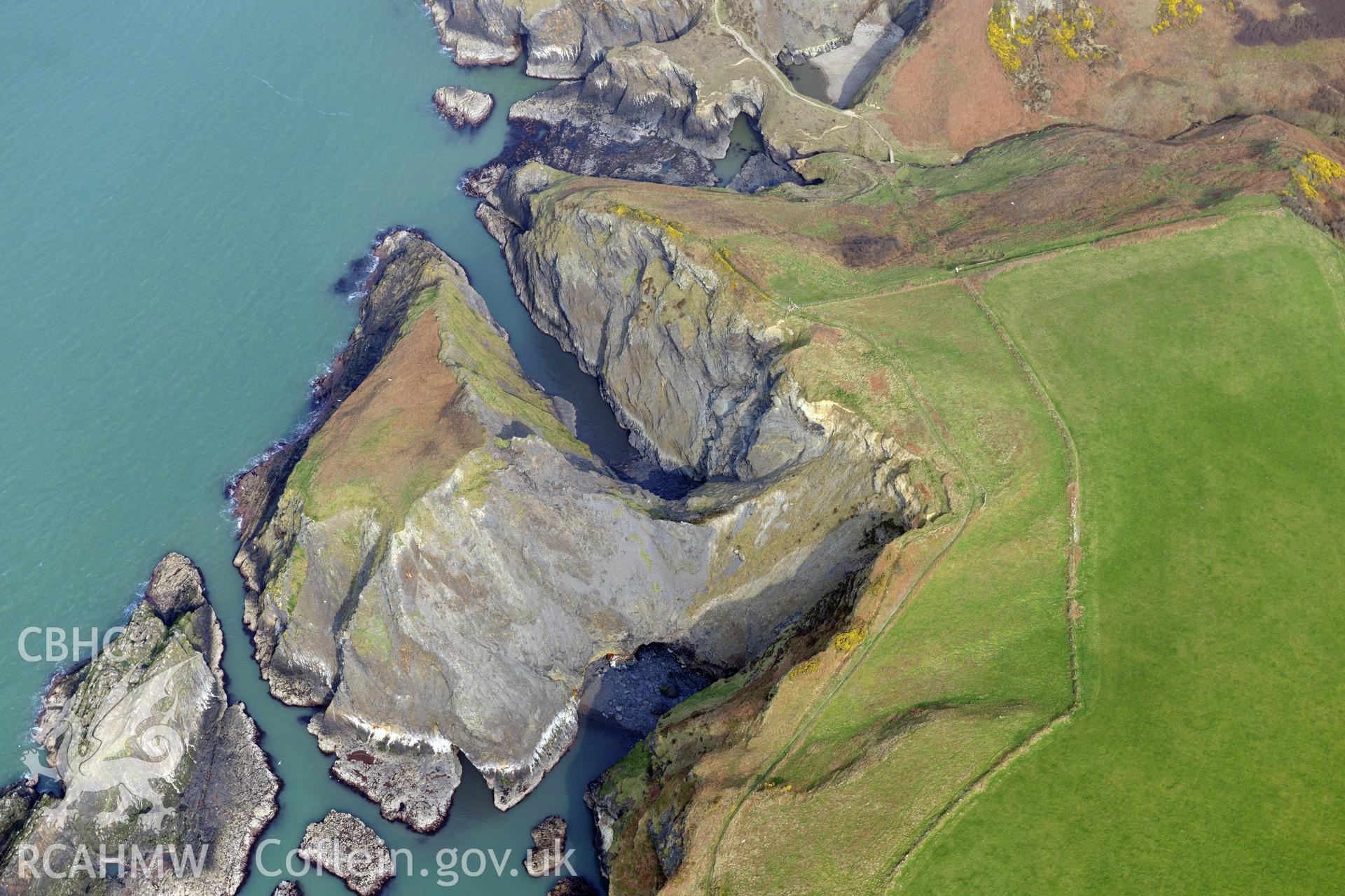 Aerial photography of Castell Treruffydd taken on 27th March 2017. Baseline aerial reconnaissance survey for the CHERISH Project. ? Crown: CHERISH PROJECT 2017. Produced with EU funds through the Ireland Wales Co-operation Programme 2014-2020. All material made freely available through the Open Government Licence.