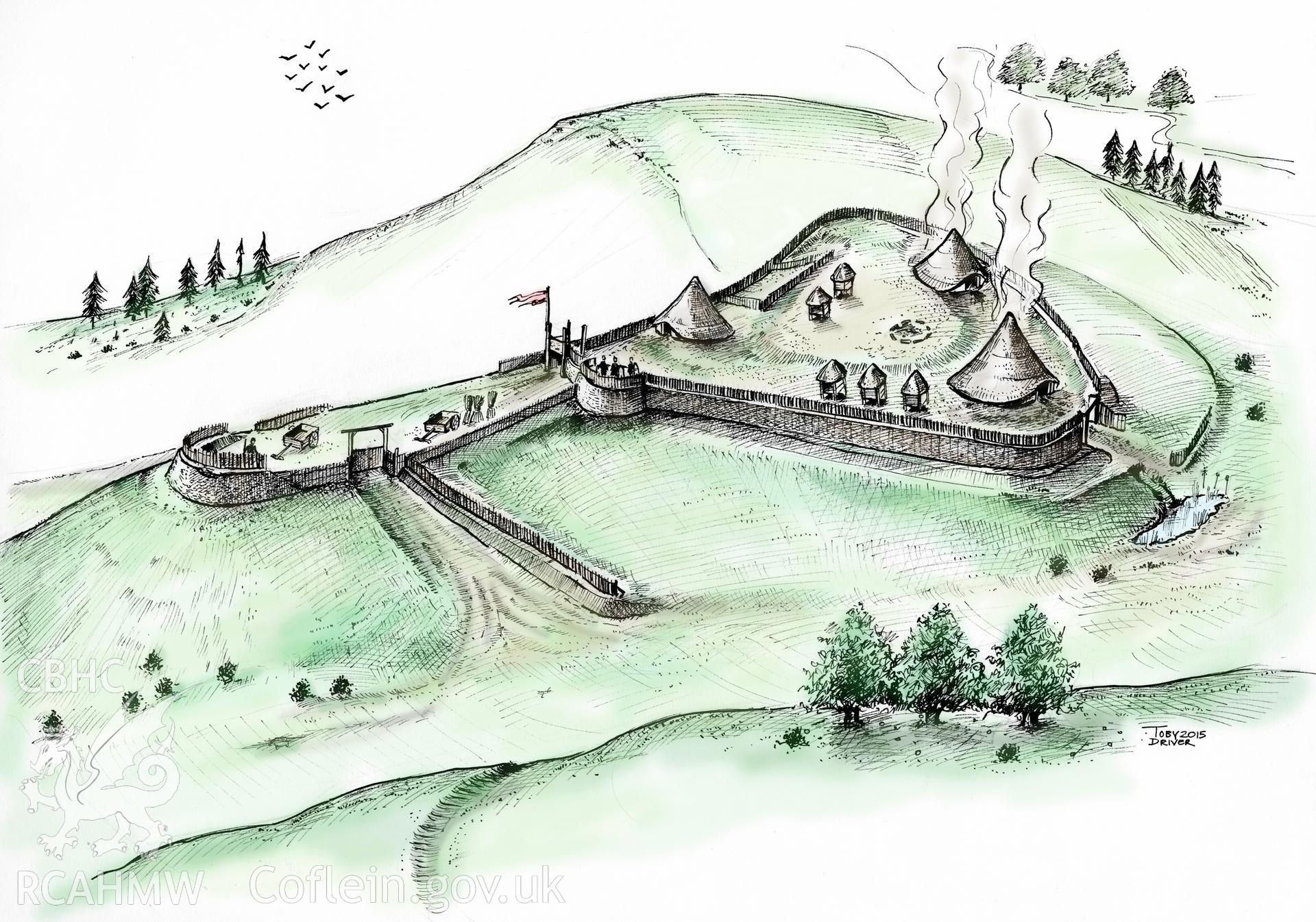 .jpeg version of a reconstruction drawing of Cnwc y Bugail hillfort as it may have looked around 100BC. Figure 7.20, The Hillforts of Cardigan Bay, Toby Driver.