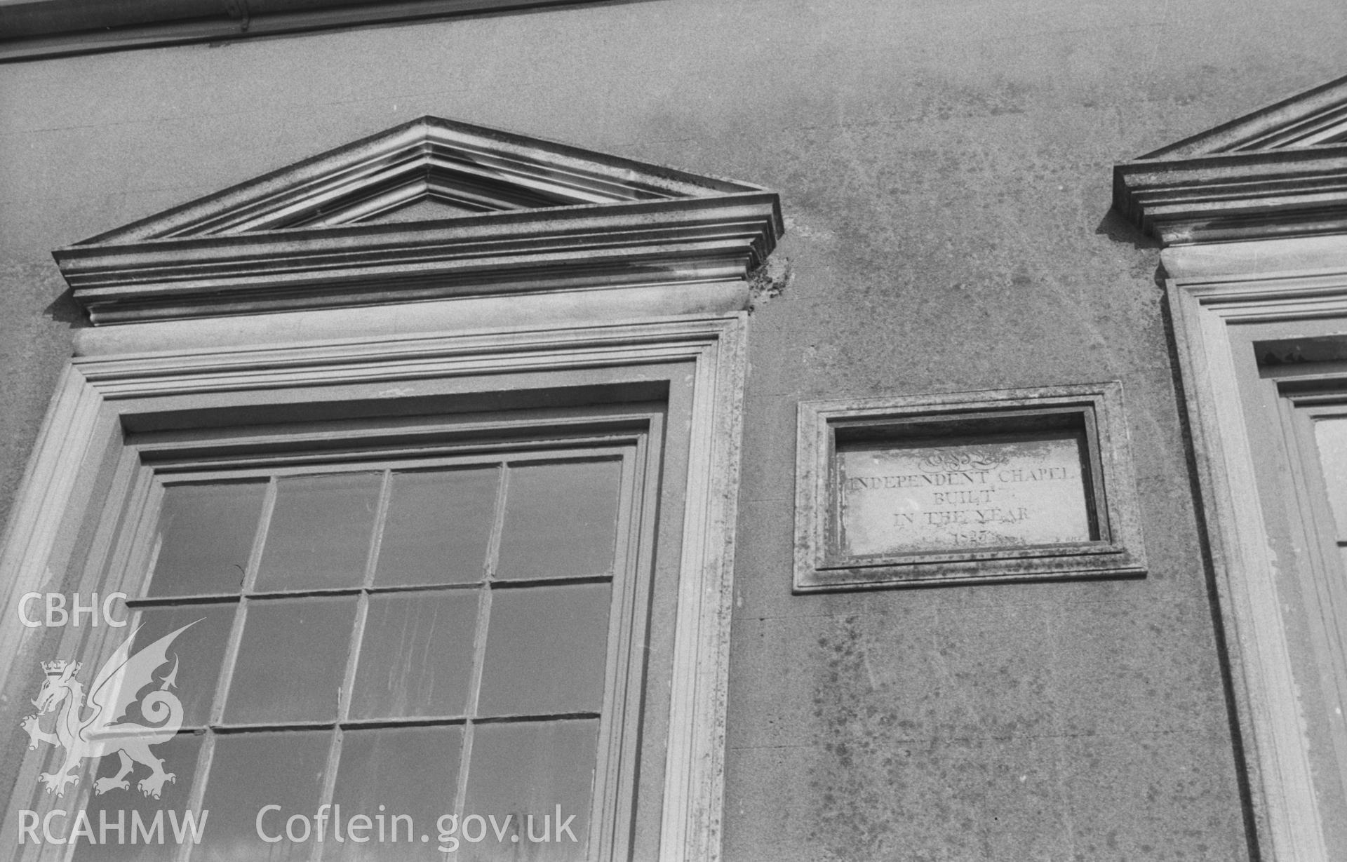 Digital copy of a black and white negative showing date-stone on front exterior of Vulcan Street Independent Chapel, Aberystwyth. Photographed in March 1964 by Arthur O. Chater from Grid Reference SN 58128 81520, looking north north west.