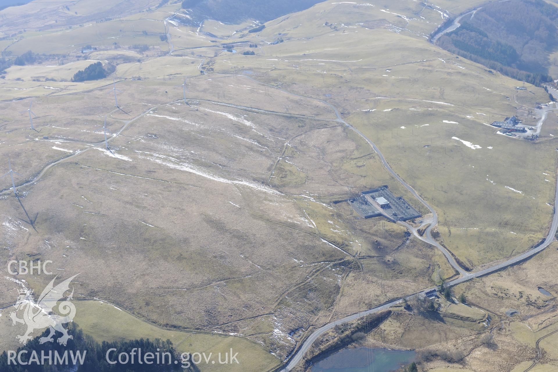 Rhydlan sub station, part of the Rheidol hydro-electric scheme, between Goginan and Ponterwyd. Oblique aerial photograph taken during the Royal Commission's programme of archaeological aerial reconnaissance by Toby Driver on 2nd April 2013.