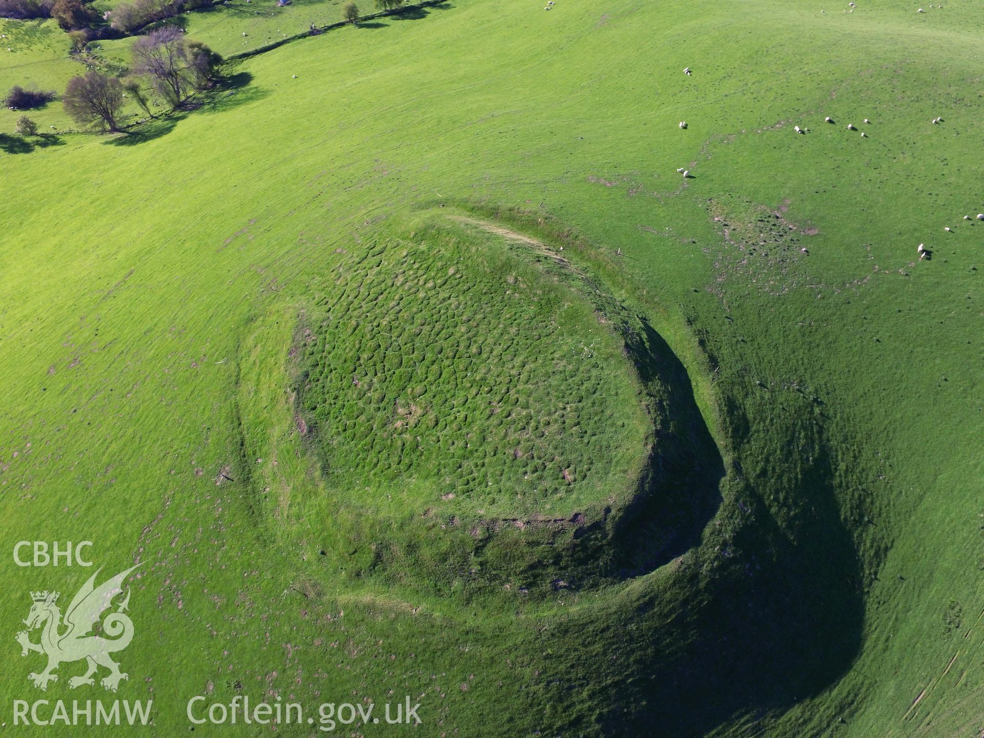 Colour photo showing aerial view of Castell-y-Blaidd, Llanbadarn Fynydd, taken by Paul R. Davis, 13th May 2018.