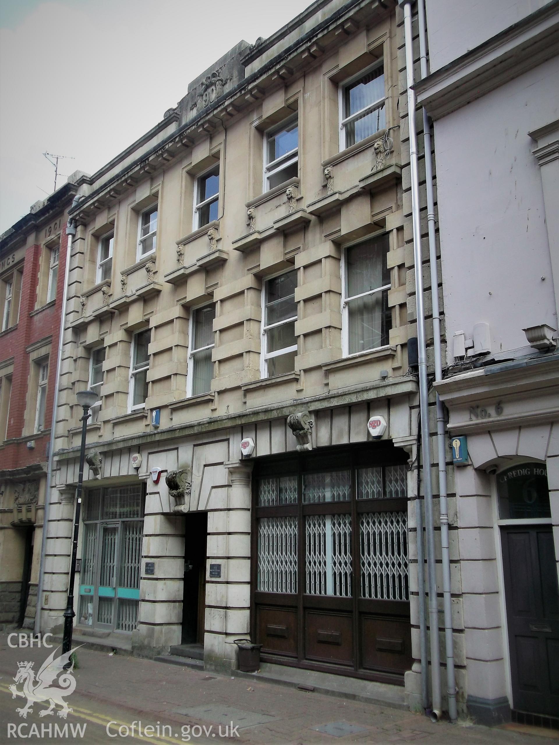 Colour photograph showing exterior of Coptic House, Mount Stuart Square, Butetown, taken by Adam Coward on 10th July 2018.